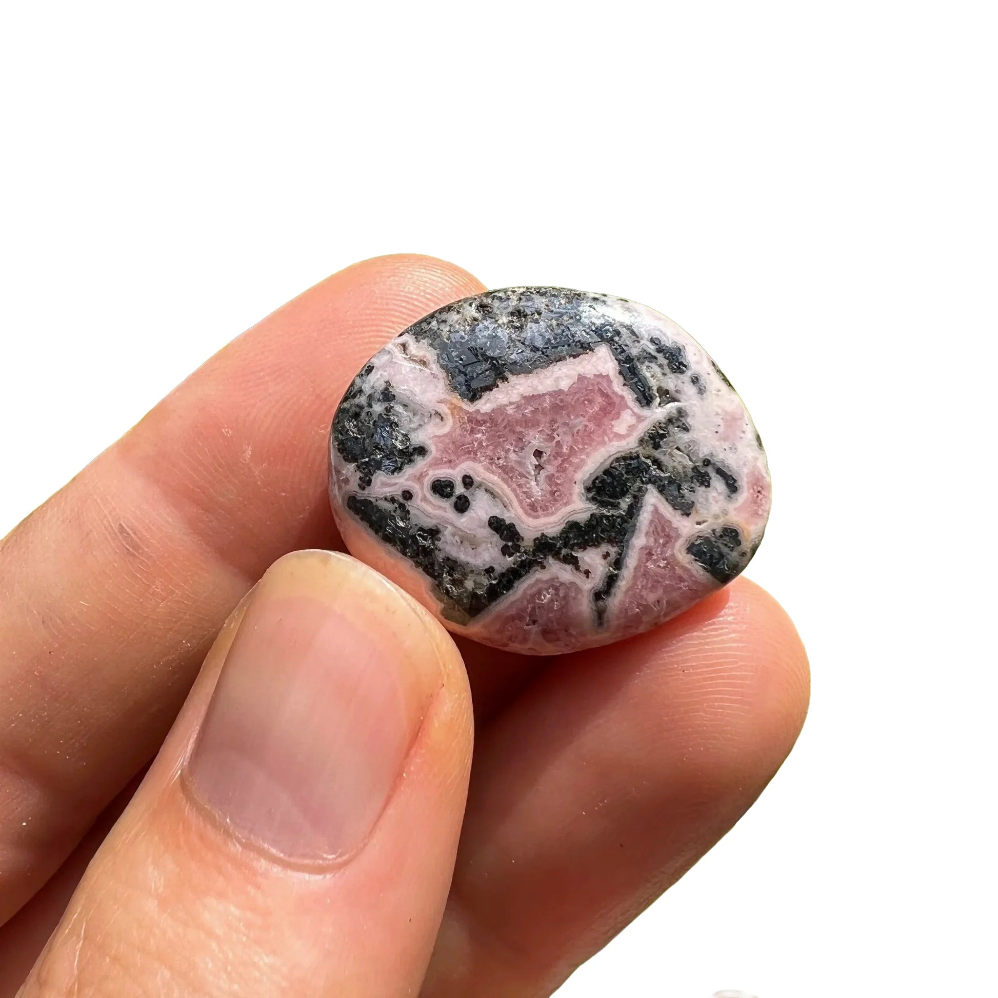 Full profile of Grade A Rhodochrosite tumbled stone ready to ship from Beyond Bohemian