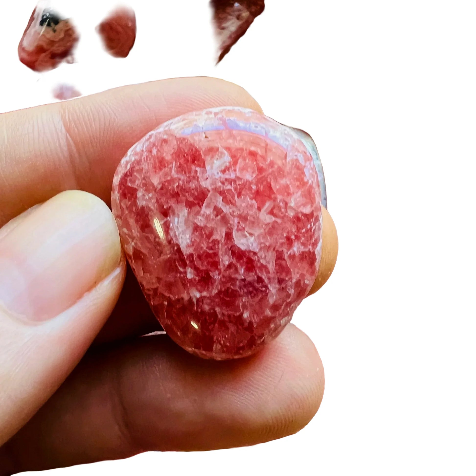 Full profile of Grade AA Rhodochrosite tumbled stone ready to ship from Beyond Bohemian