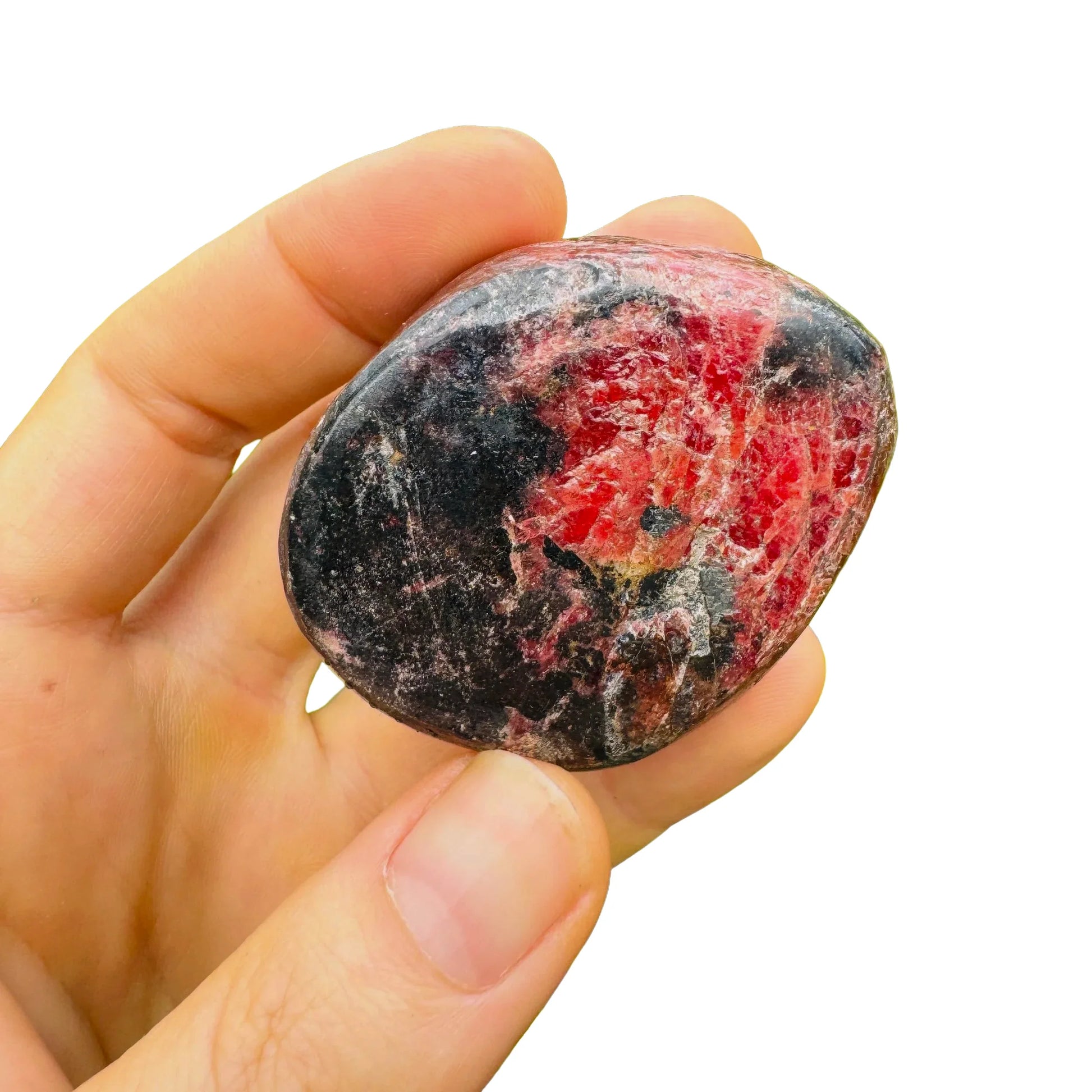 Underside detail of Rhodonite freeform, showing natural variation, sourced from Masvingo, Zimbabwe.