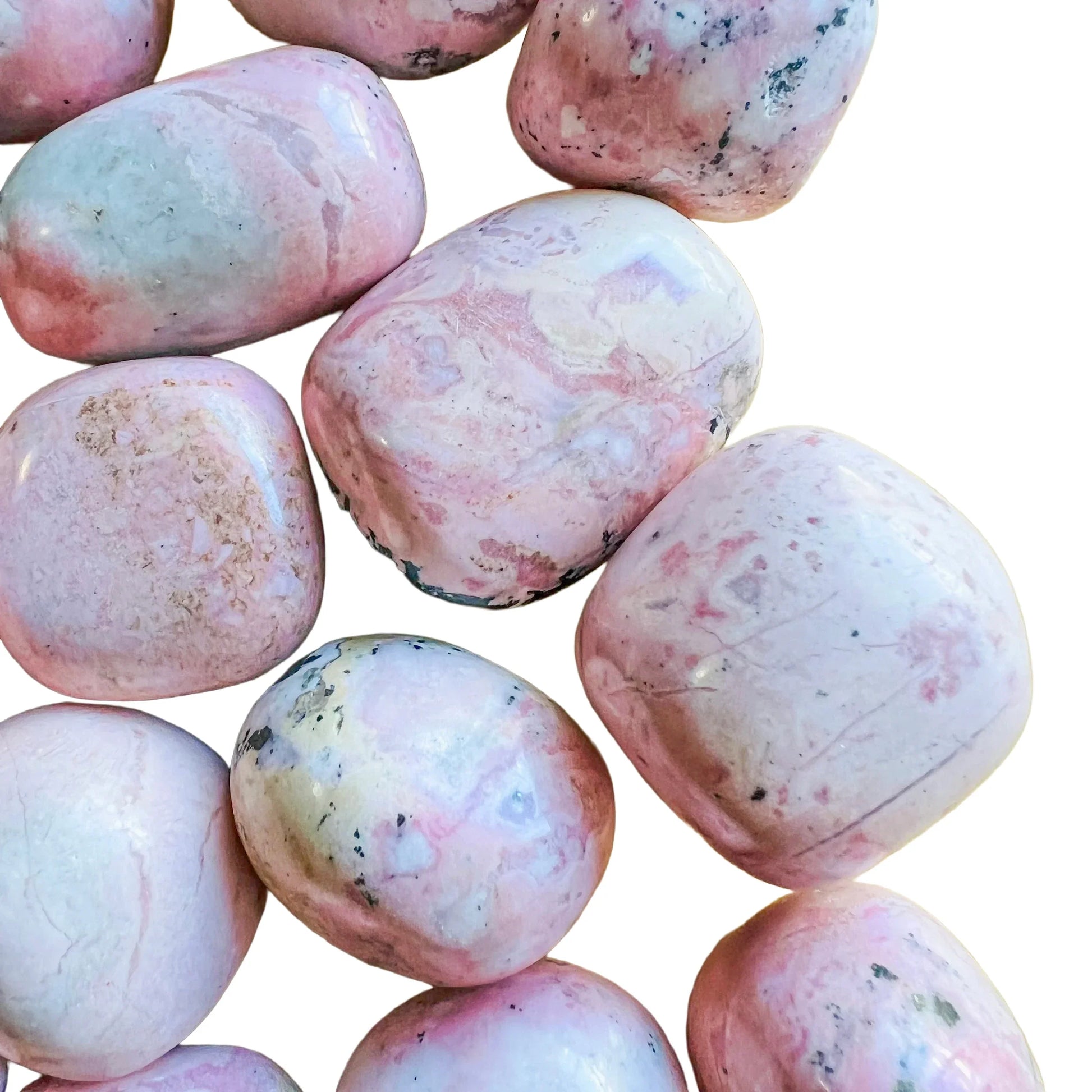 Side profile of Rhodonite tumbled stone, Peru-sourced, often kept for Emotional Healing.