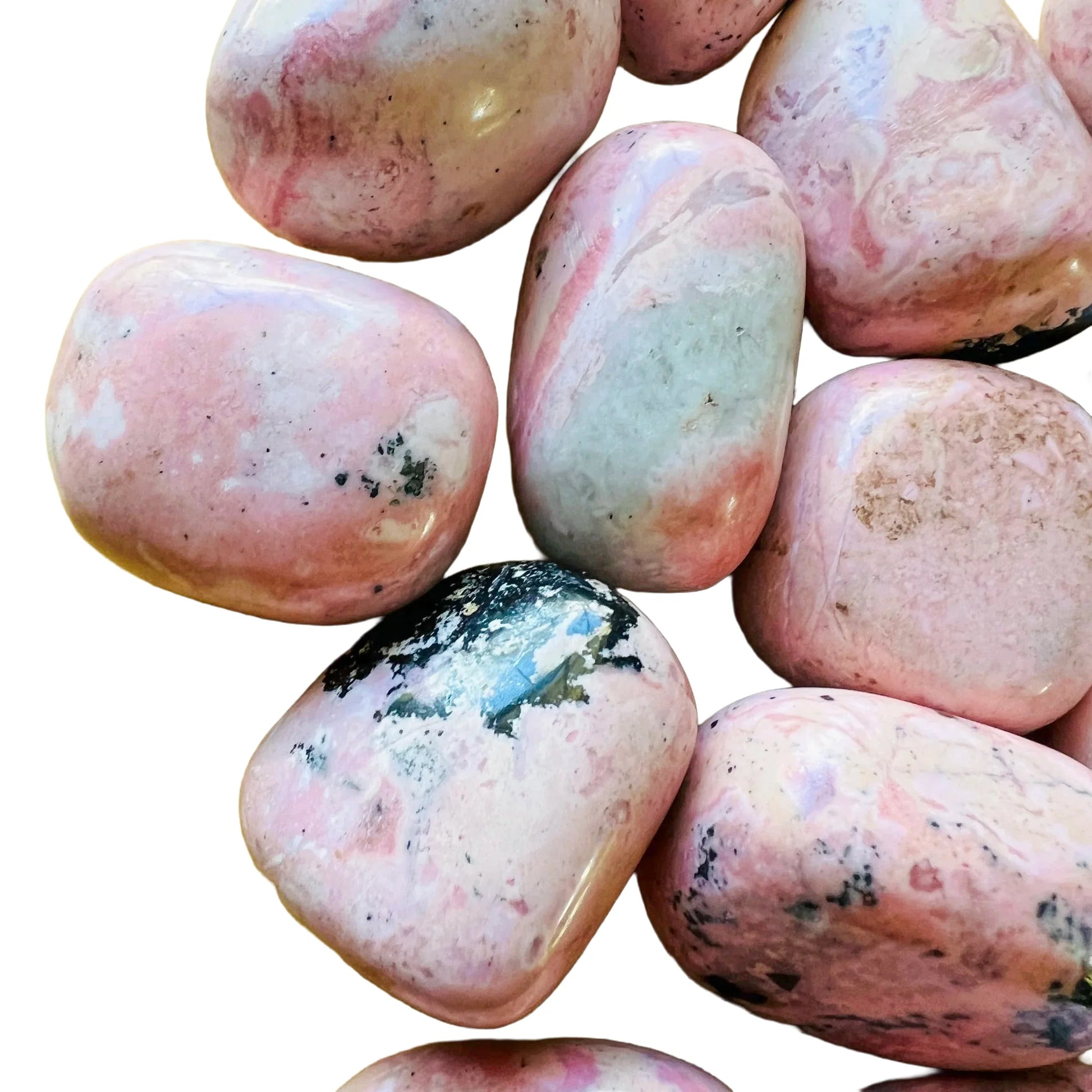 Top angle of Grade AA pink Rhodonite tumbled stone, worked with for Emotional Healing and Love, sourced from Ancash, Peru.