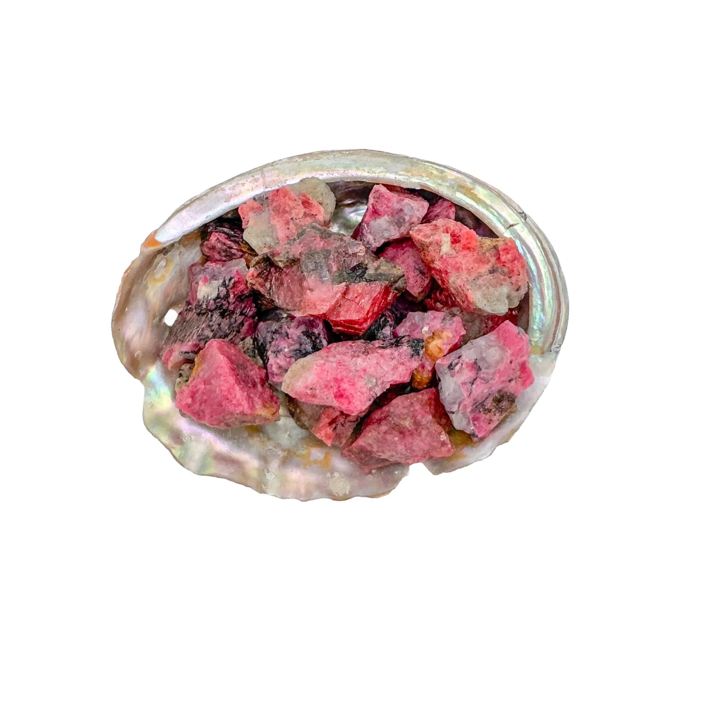 Detail shot showing Rhodonite raw stone, showing untreated character, traditionally used for Emotional Healing and Love.