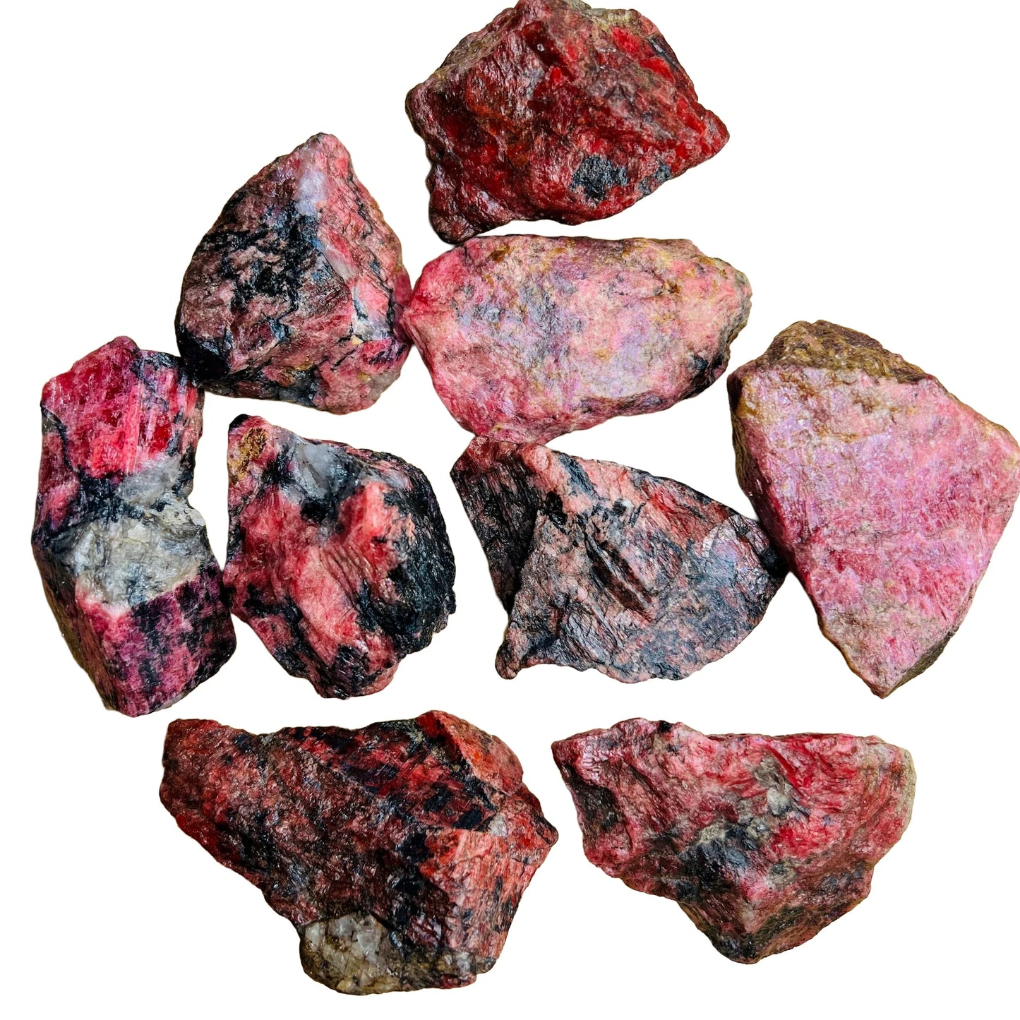 Full profile of Grade AA Rhodonite raw ready to ship from Beyond Bohemian