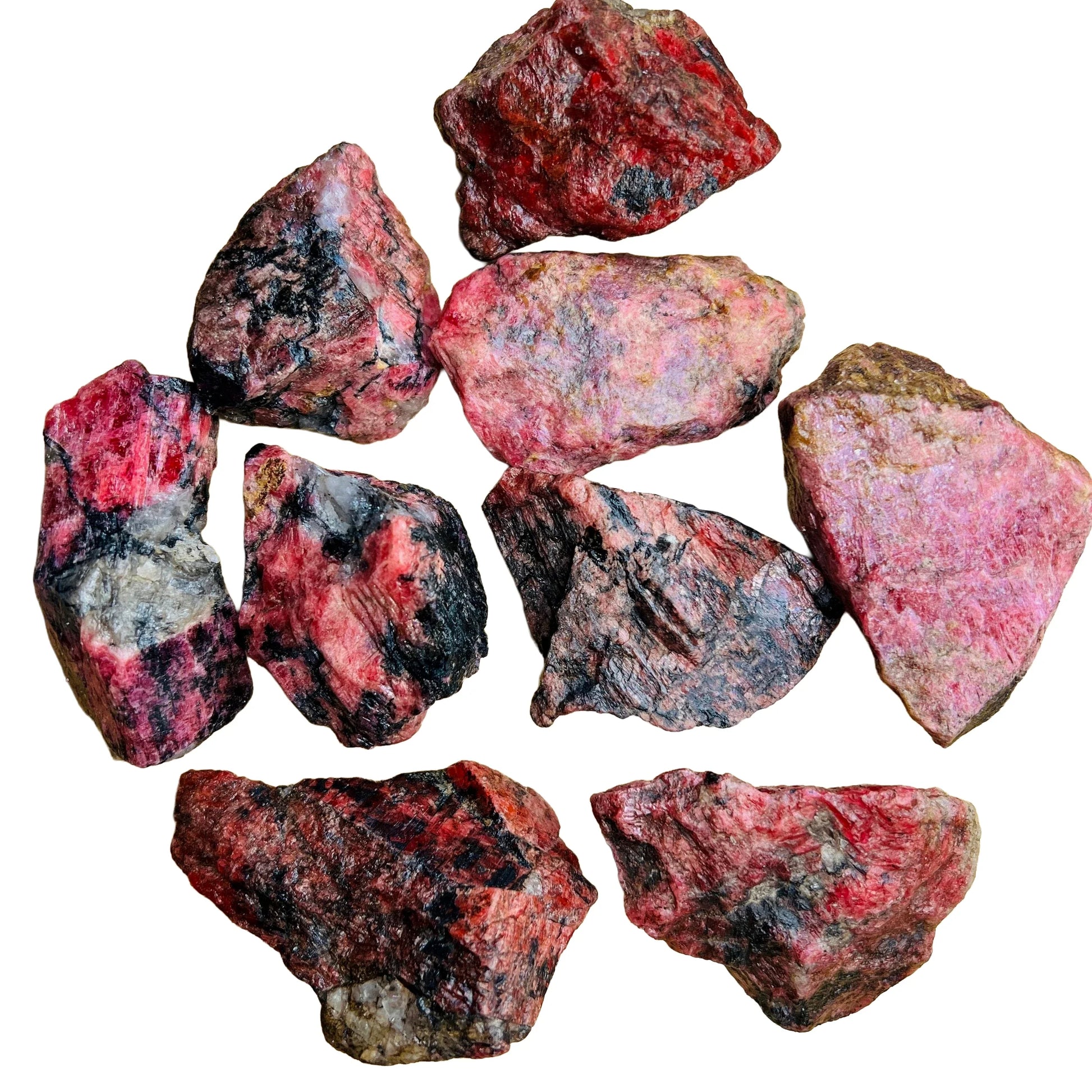 Full profile of Grade AA Rhodonite raw ready to ship from Beyond Bohemian