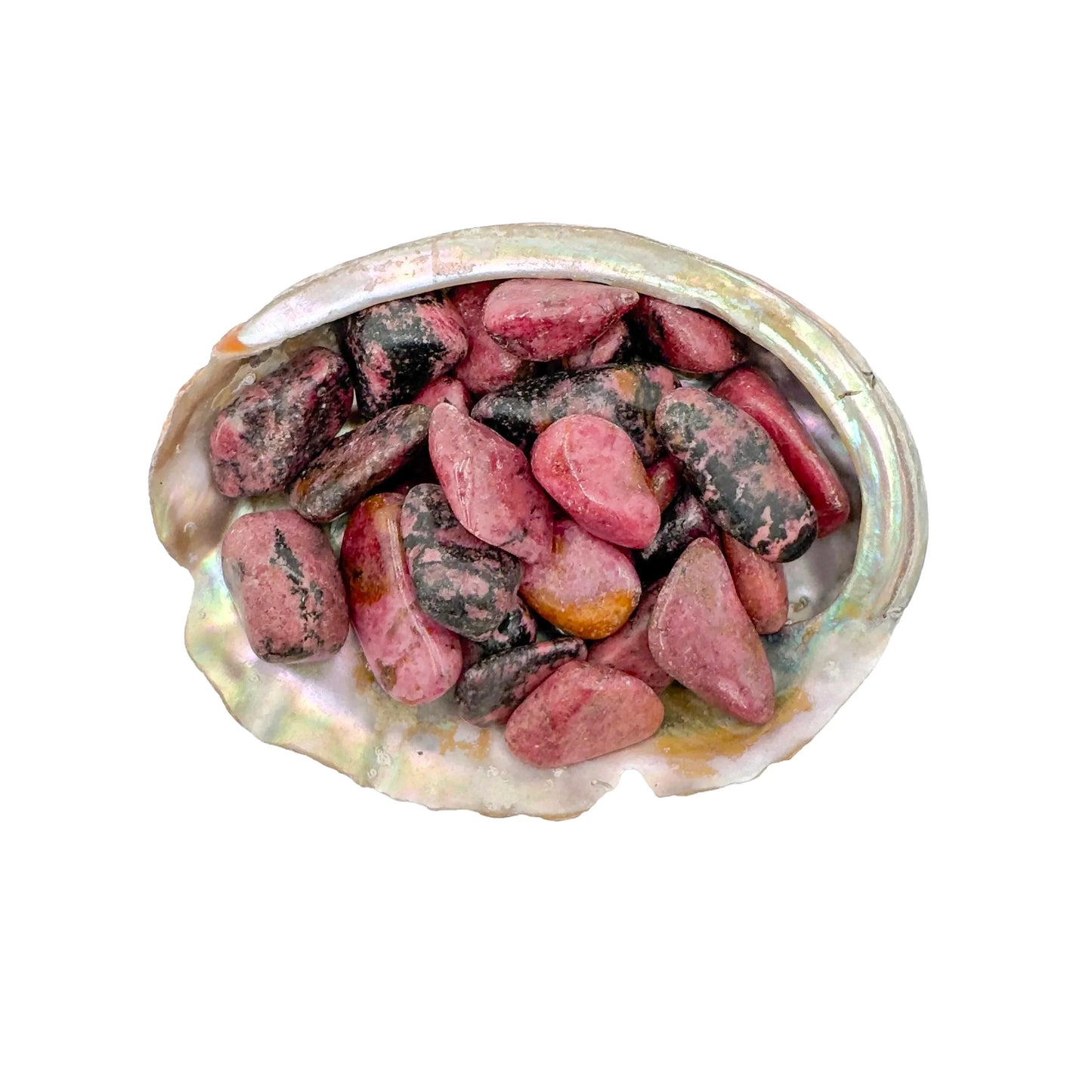 Tight crop of pink Rhodonite tumbled stone, Zimbabwe-sourced, showing characteristic patterning.