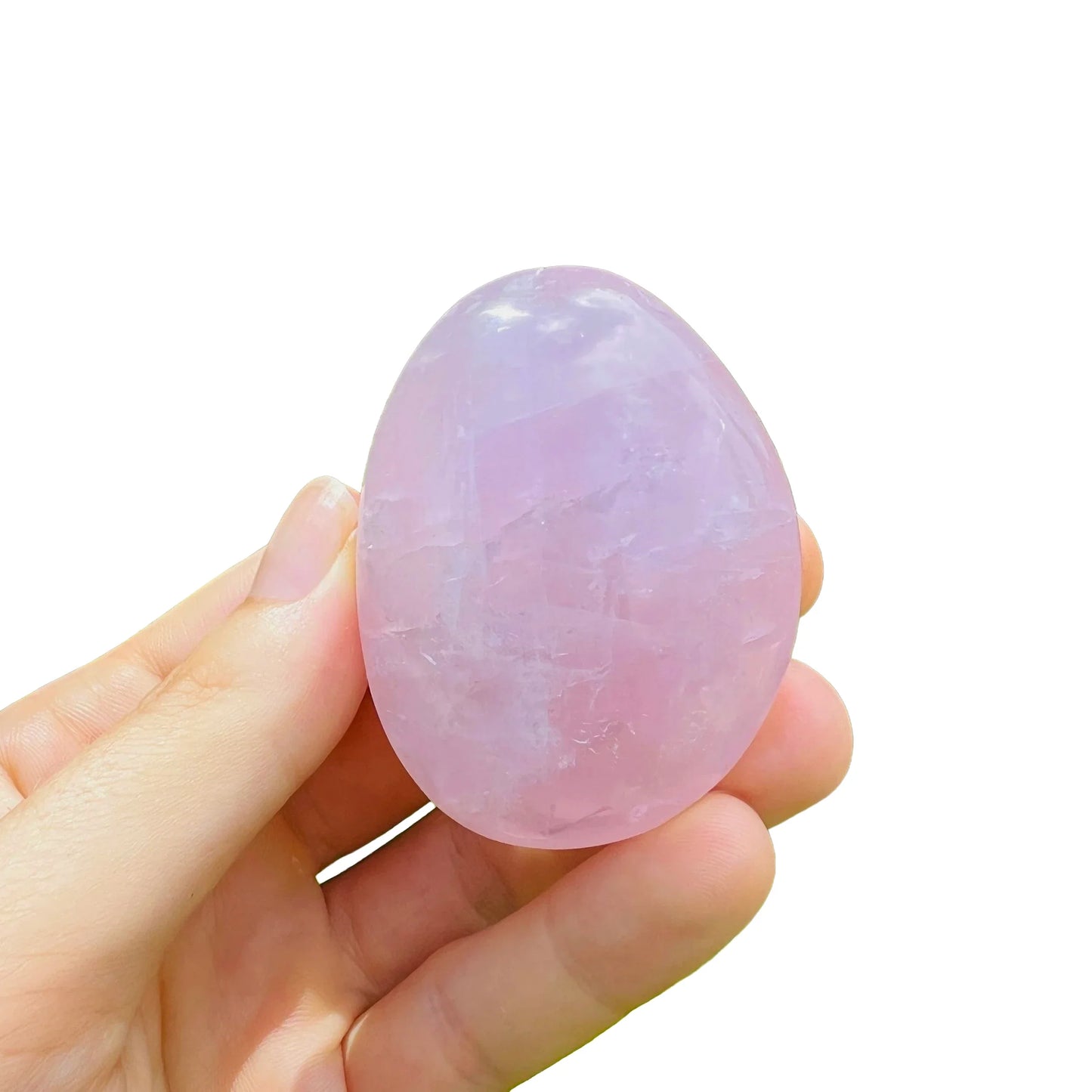 Aerial view of Rose Quartz palm stone, hand-selected from Alaotra-Mangoro, Madagascar, showing natural sheen.