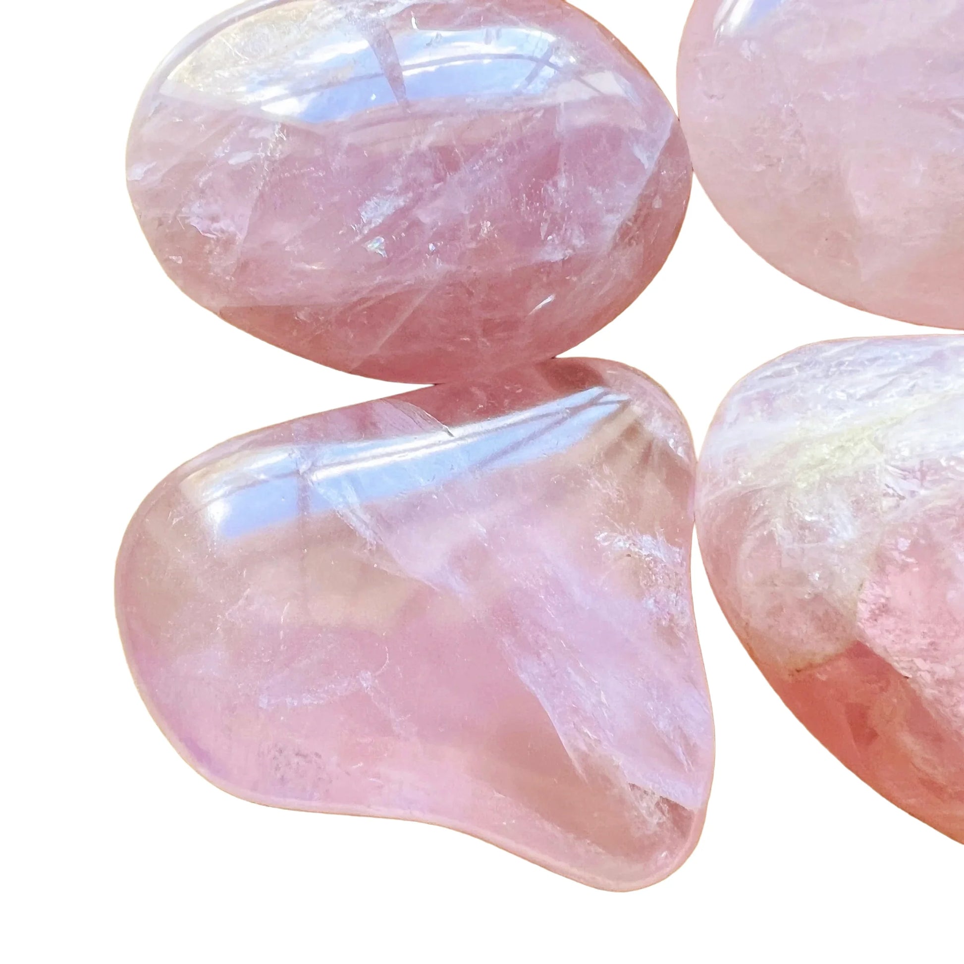 Size comparison with one Rose Quartz palm stone for scale, Madagascar-sourced.