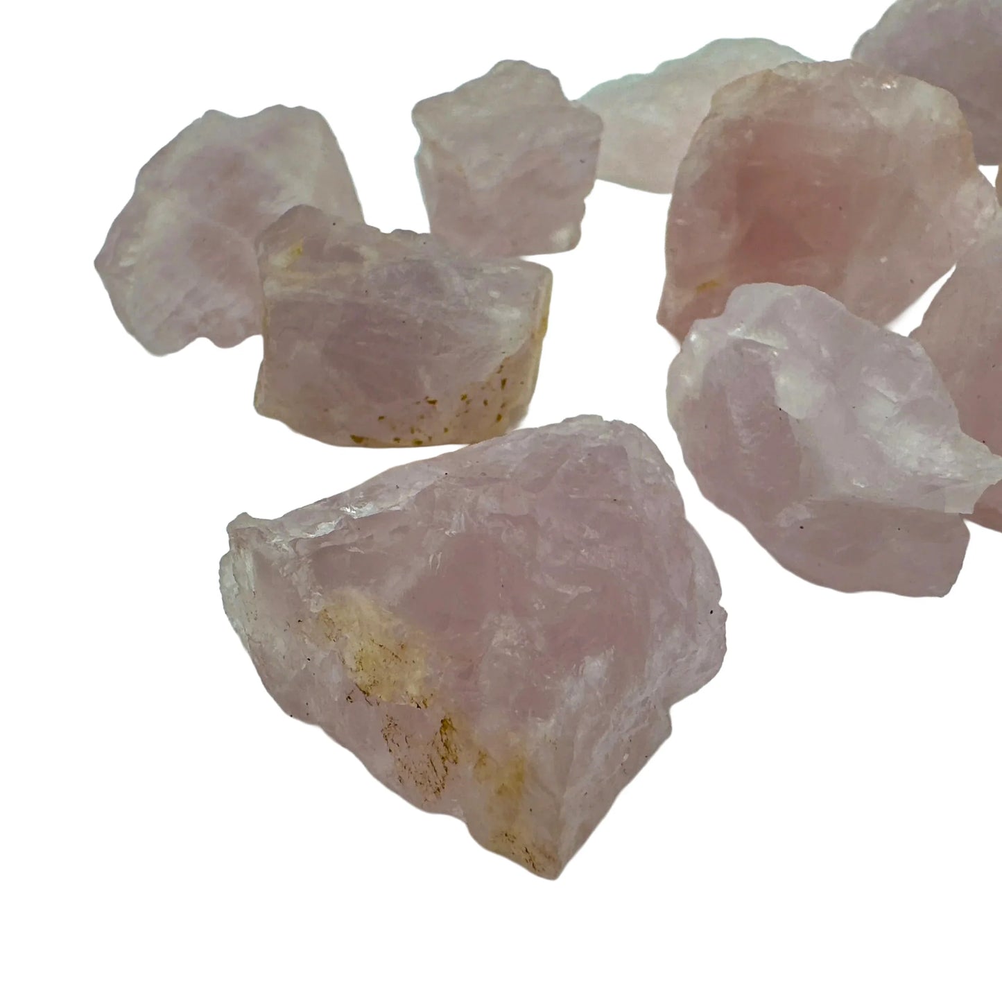Plan view of Rose Quartz raw stone, showing natural banding.