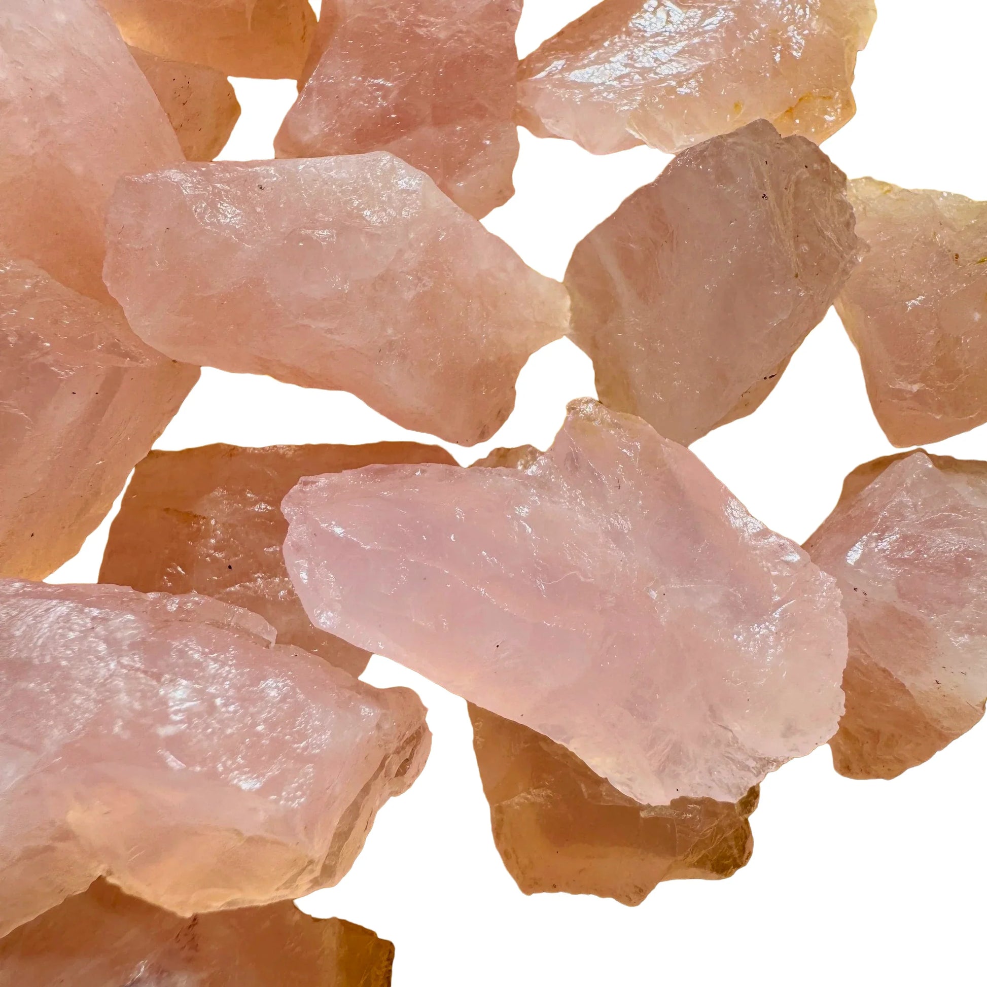Side-on view of Grade AA Rose Quartz raw stone, associated with Love and Self Love.