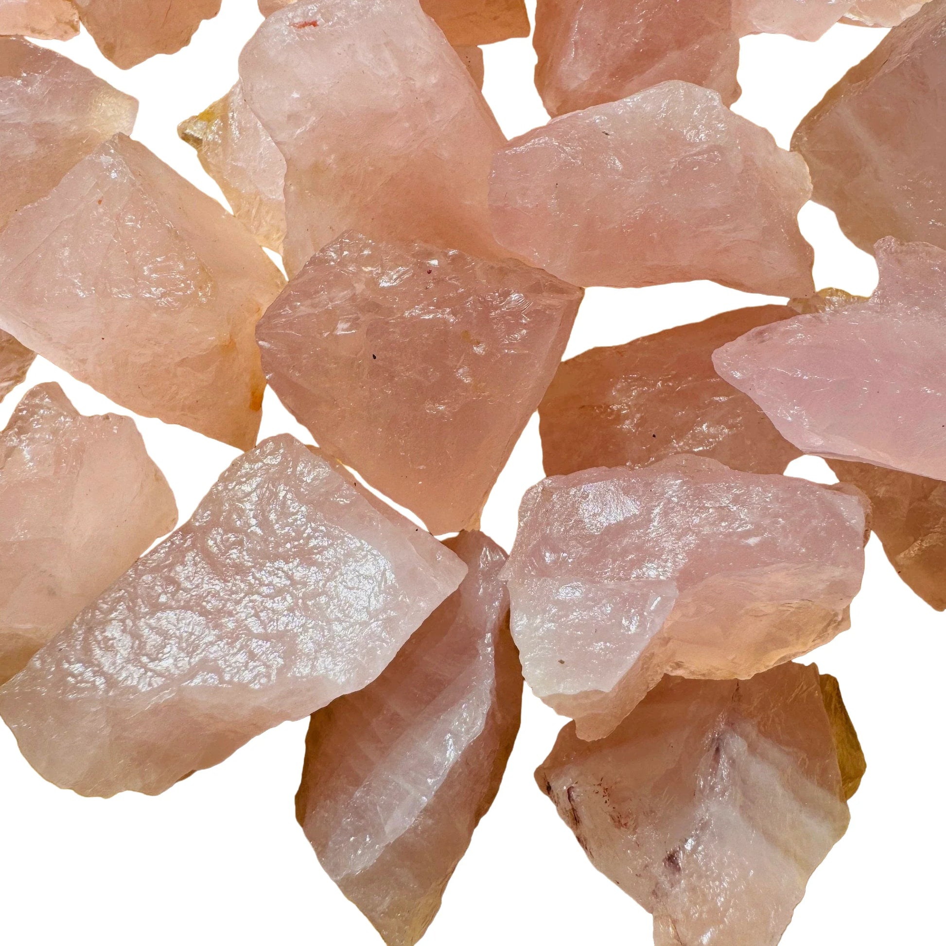 Overhead angle of Rose Quartz raw stone, sourced from Minas Gerais, Brazil.