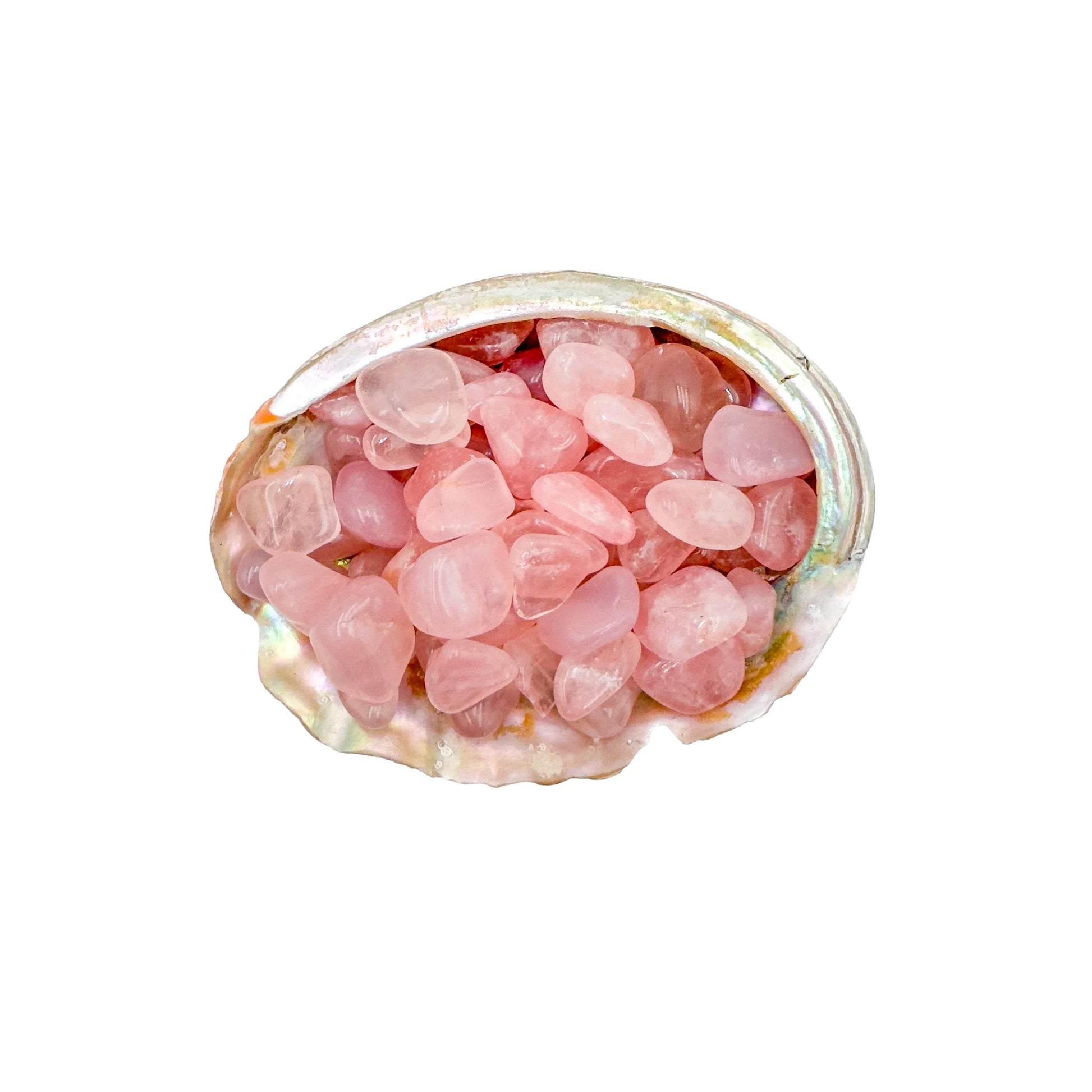 Close detail of pink Rose Quartz tumbled stone, associated with Love, showing natural texture.