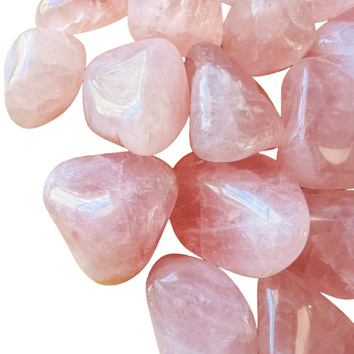 Looking down on Rose Quartz tumbled stone, often paired with practices around Love, Brazil-sourced.