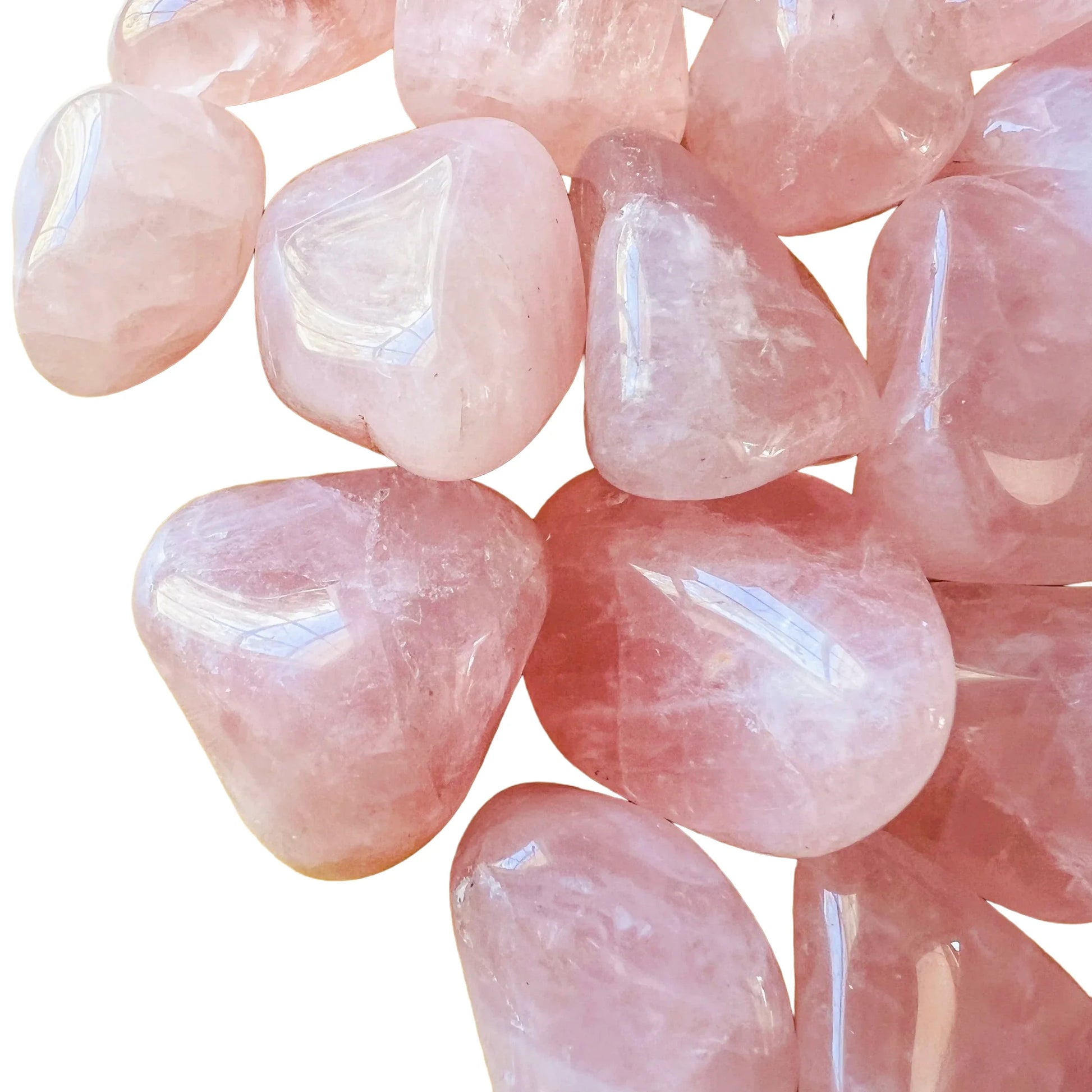 Looking down on Rose Quartz tumbled stone, often paired with practices around Love, Brazil-sourced.