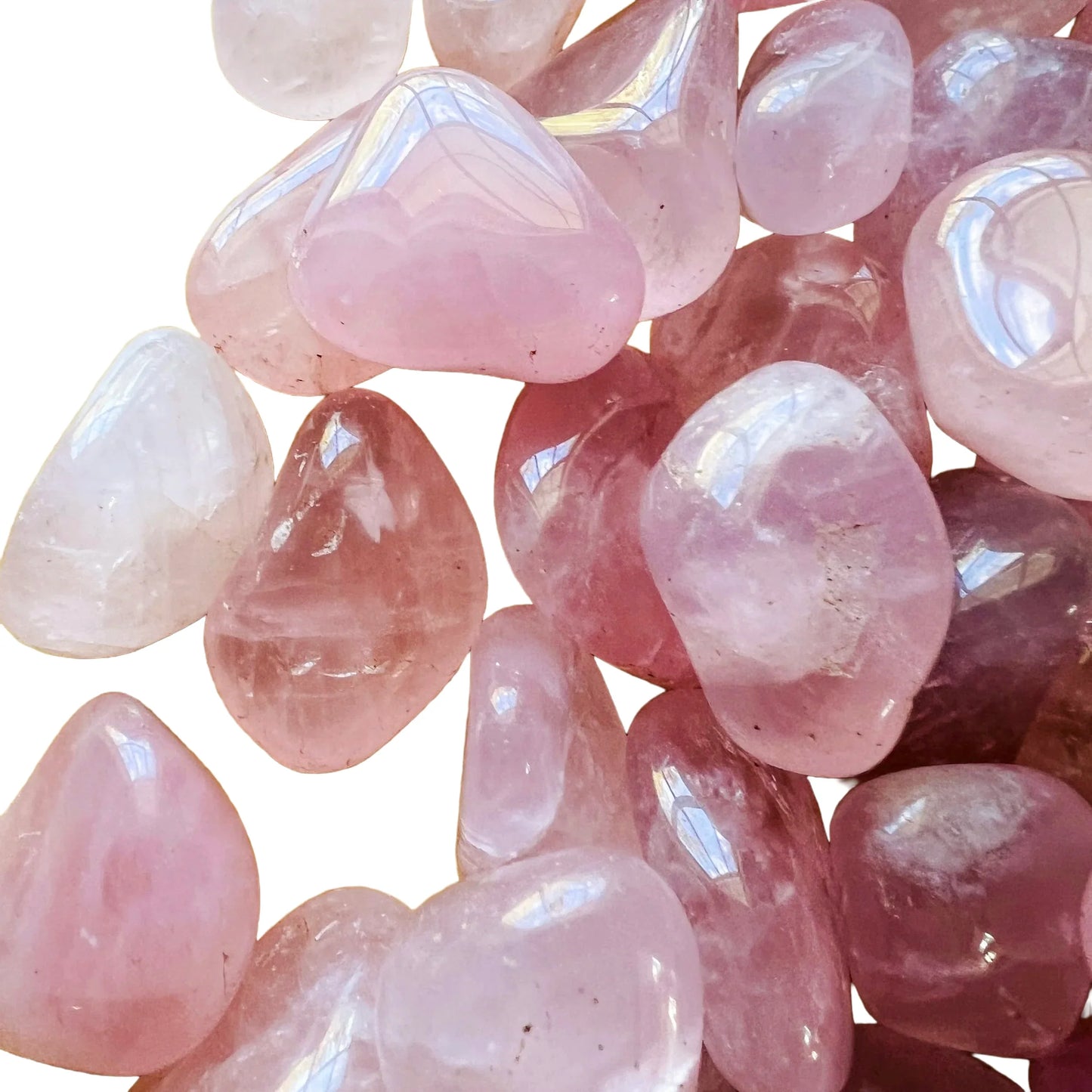 Full profile of Grade AA Rose Quartz tumbled stone ready to ship from Beyond Bohemian