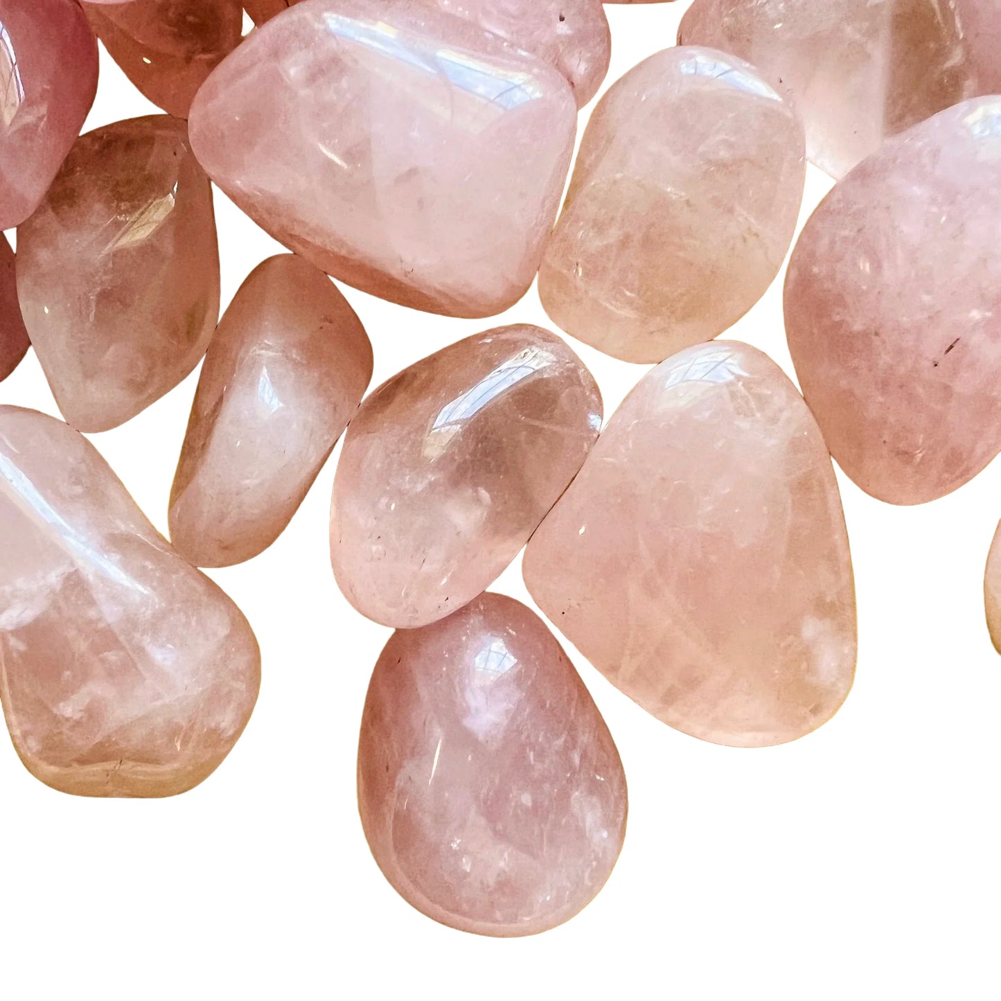 Full profile of Grade AA Rose Quartz tumbled stone ready to ship from Beyond Bohemian