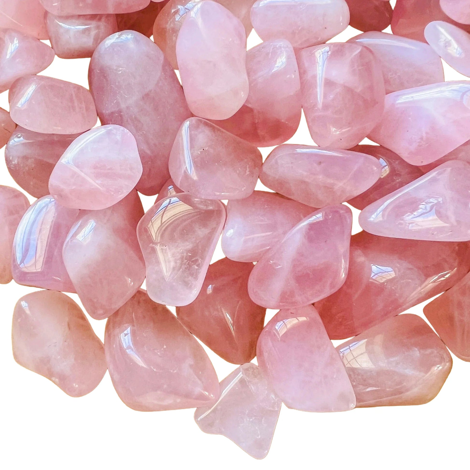 Surface detail of Rose Quartz tumbled stone, showing natural sheen.