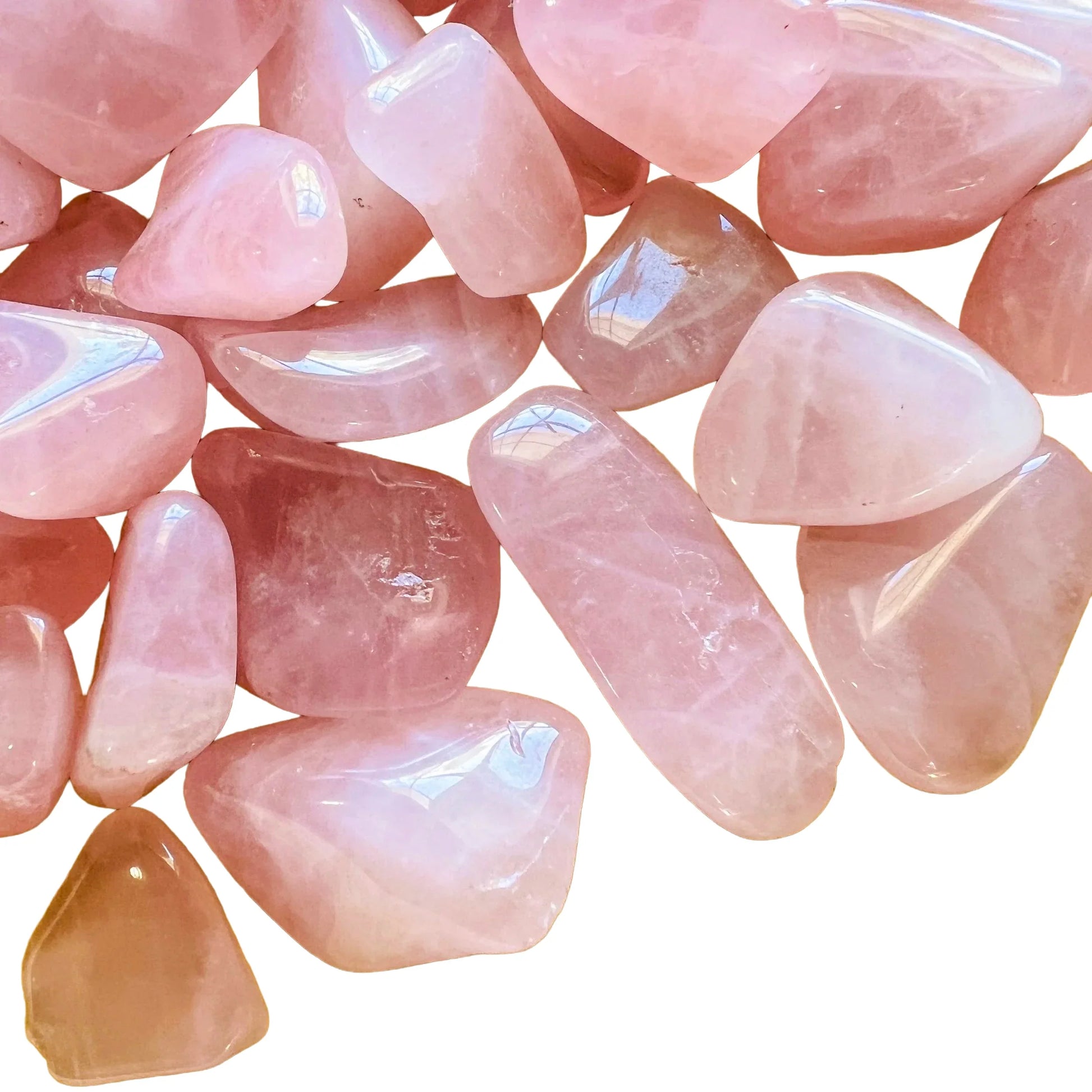 Side angle of Rose Quartz tumbled stone, drawn on for Love, sourced from Madagascar.