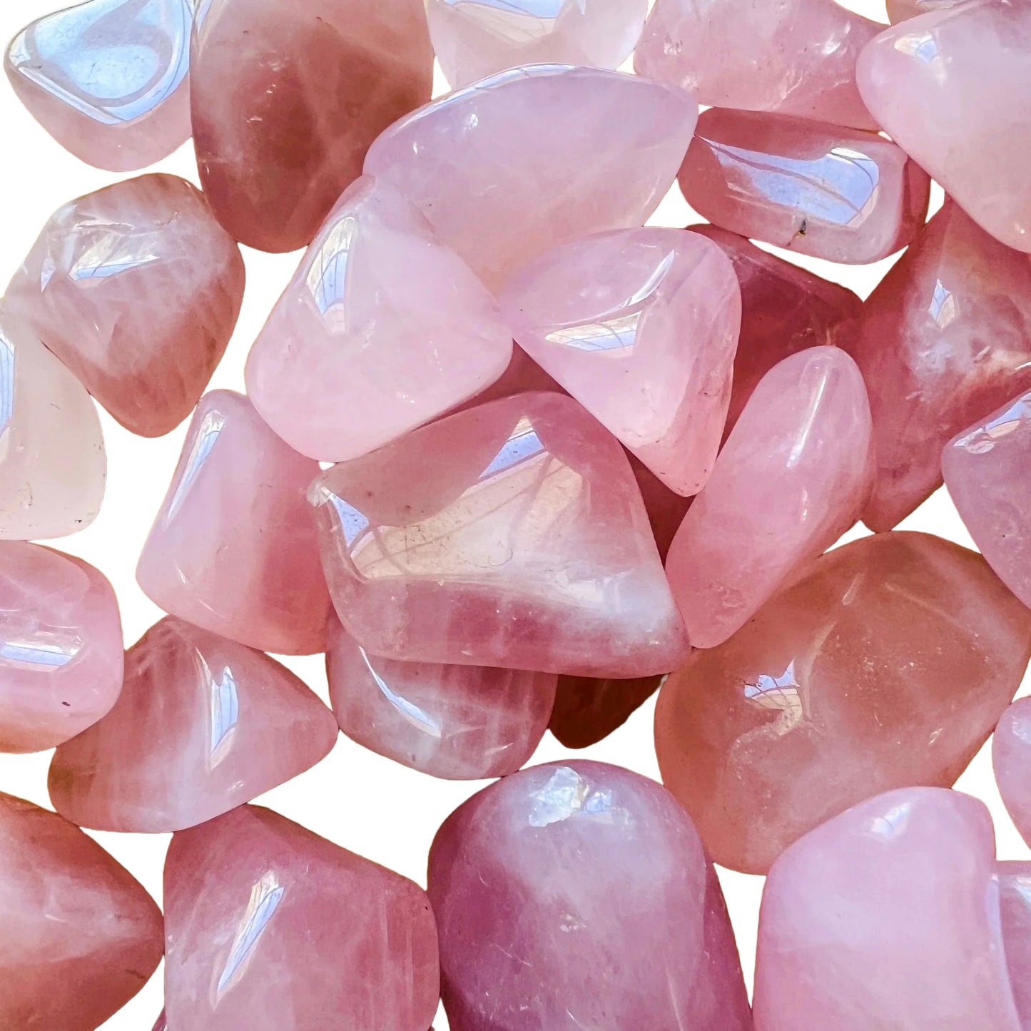 Underside detail of Grade AA Rose Quartz tumbled stone, sourced from Madagascar.