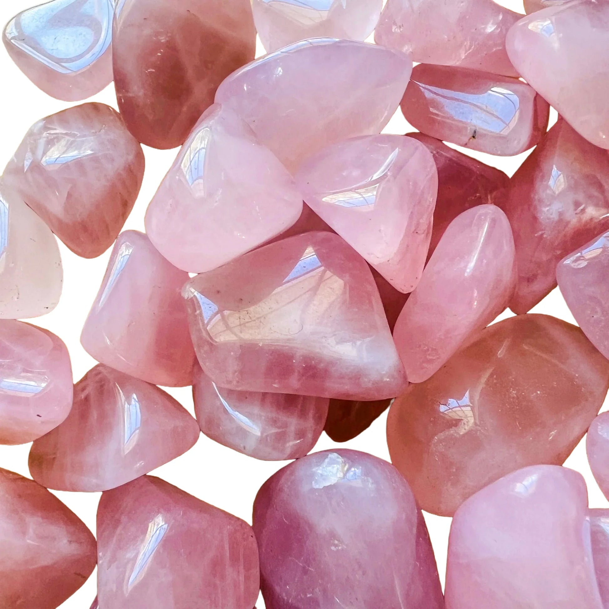 Underside detail of Grade AA Rose Quartz tumbled stone, sourced from Madagascar.