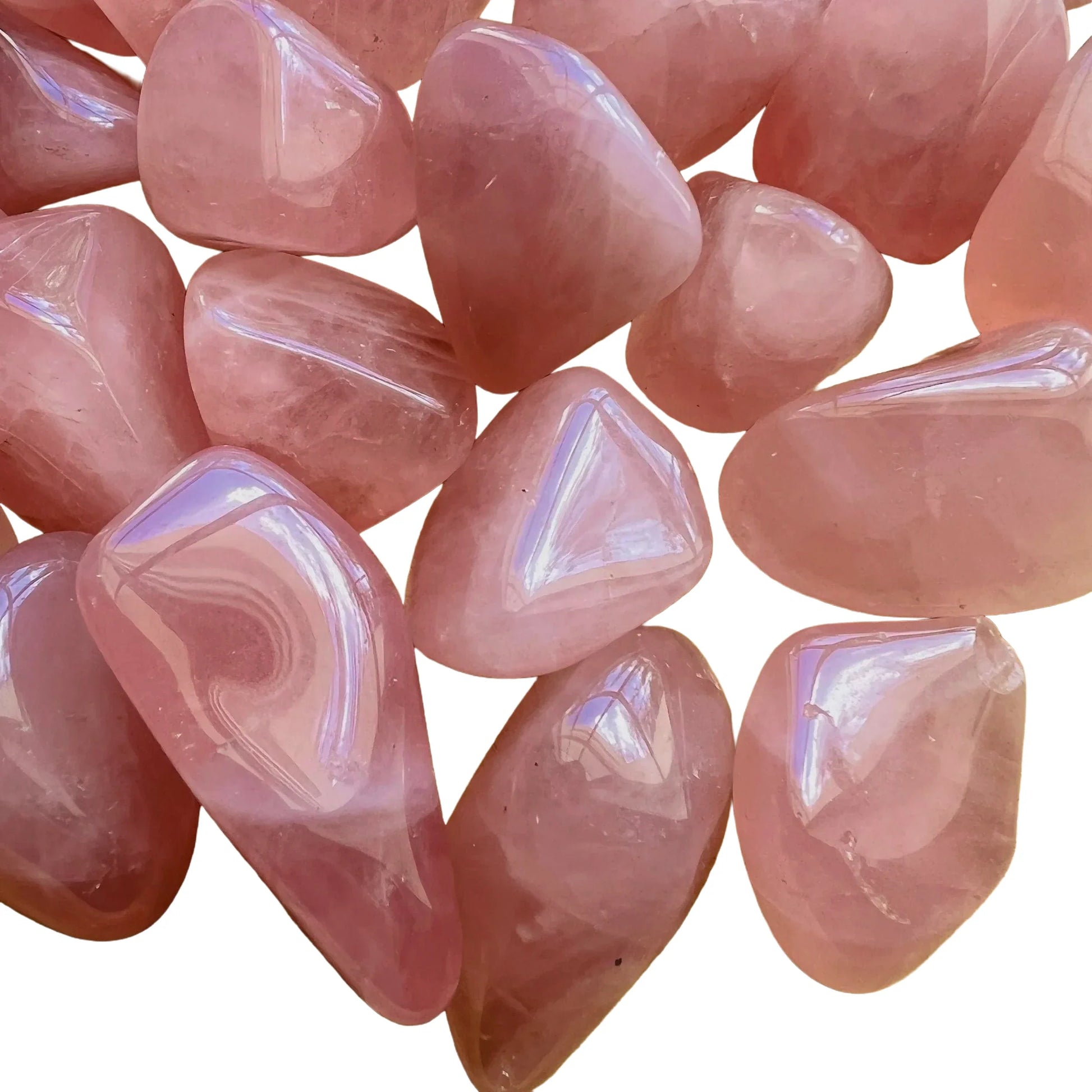 Top-side view of Rose Quartz tumbled stone, showing color depth, traditionally used for Love.