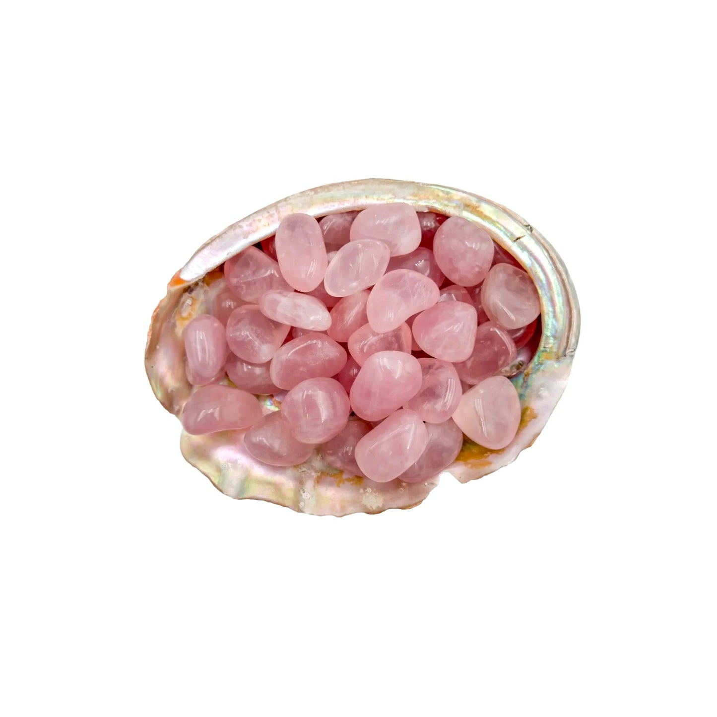 Detail of Rose Quartz tumbled stone, showing natural inclusions.
