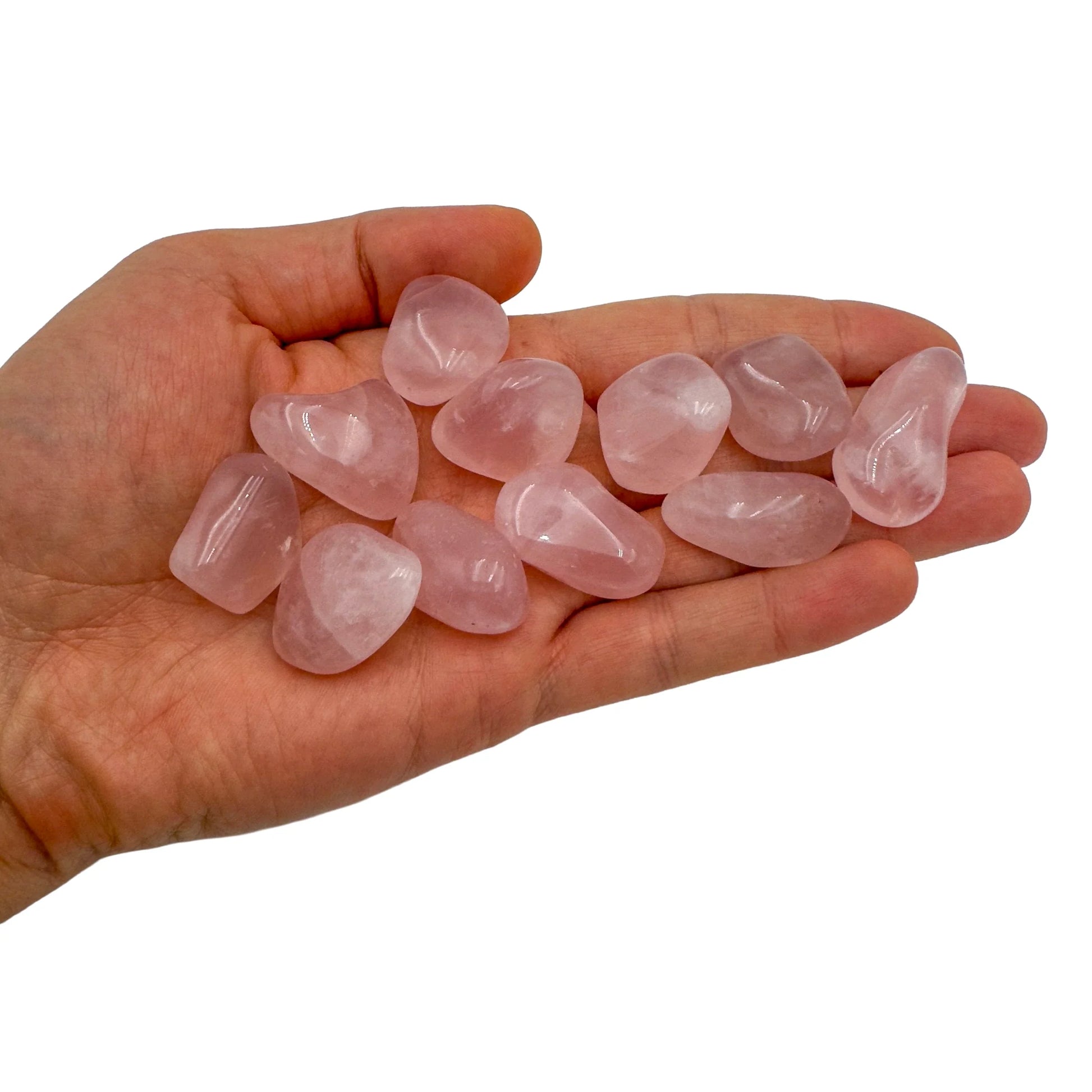 Back view of Grade AAA Rose Quartz tumbled stone showing natural surface