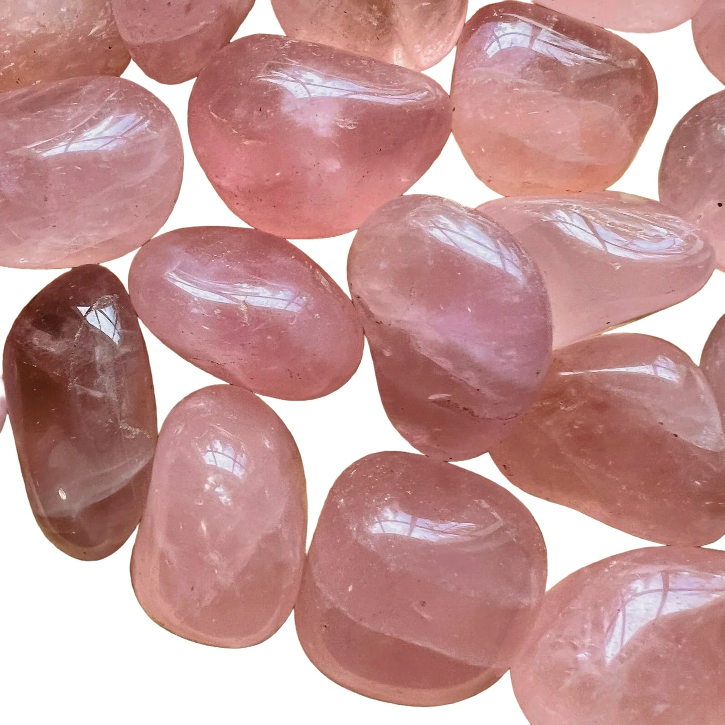 Top view of Rose Quartz tumbled stone, showing soft luster, sourced from Minas Gerais, Brazil.
