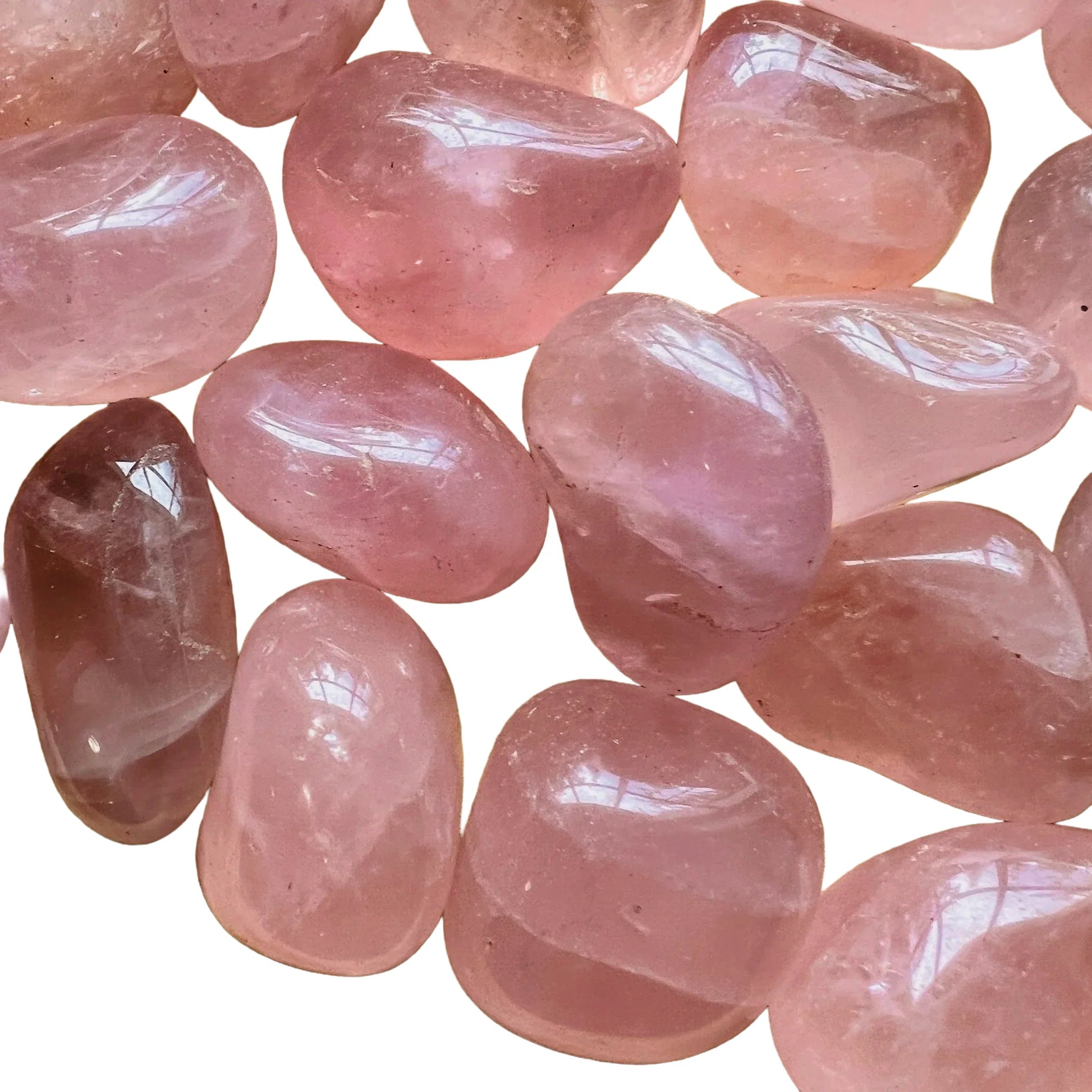 Top view of Rose Quartz tumbled stone, showing soft luster, sourced from Minas Gerais, Brazil.