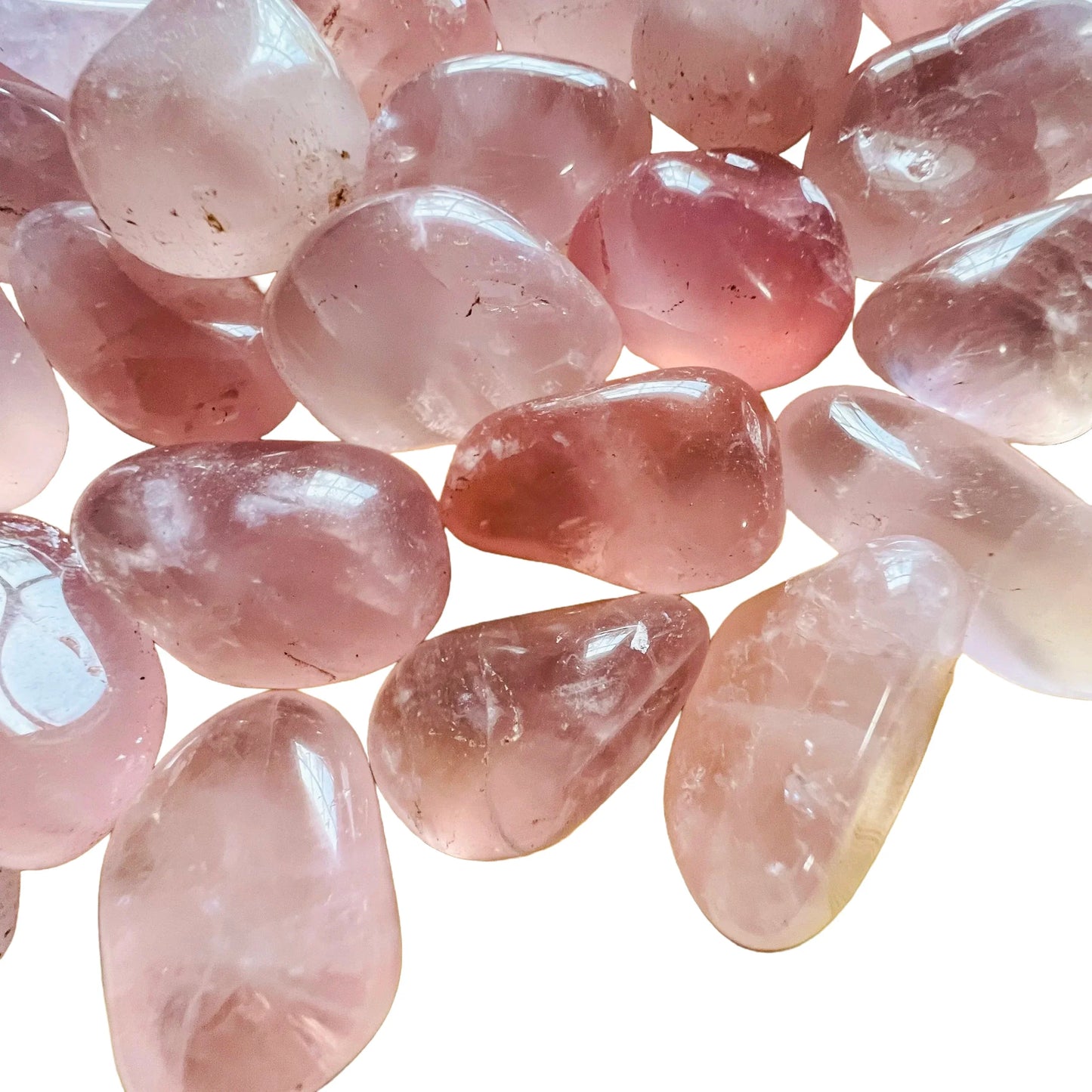 Full profile of Grade AAA Rose Quartz tumbled stone ready to ship from Beyond Bohemian