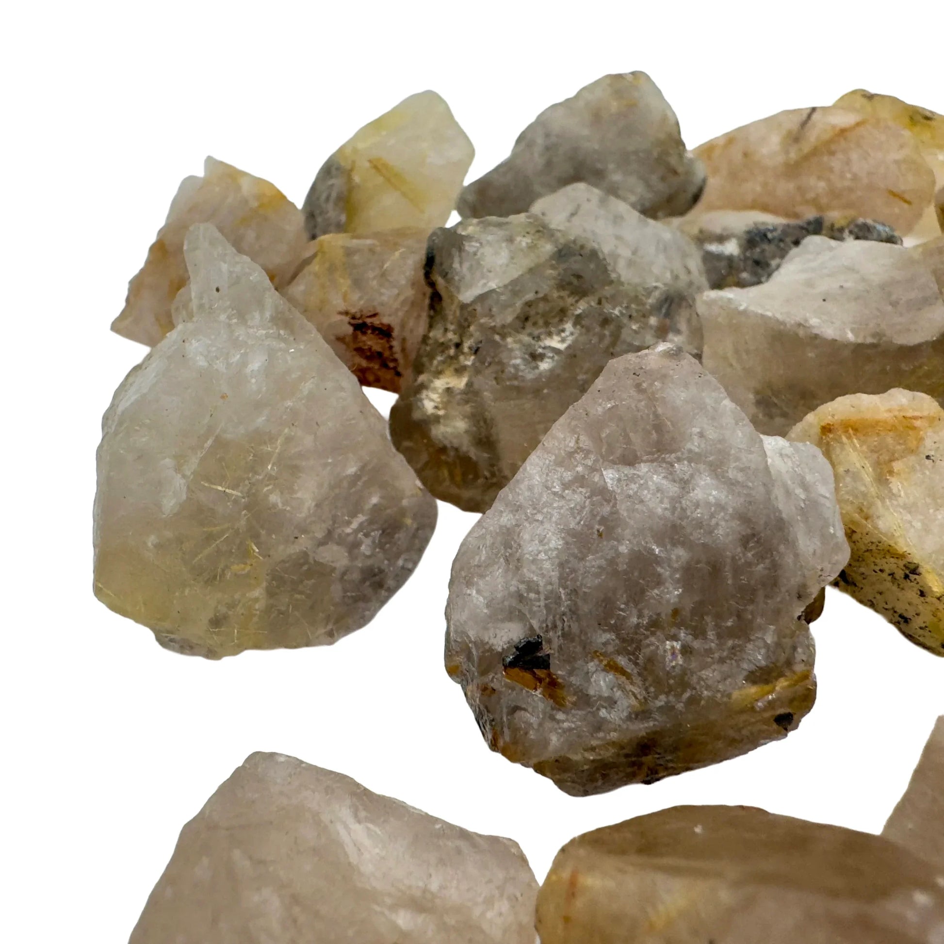 Overhead view of Grade A Quartz raw stone, showing subtle veining, Brazil-sourced.