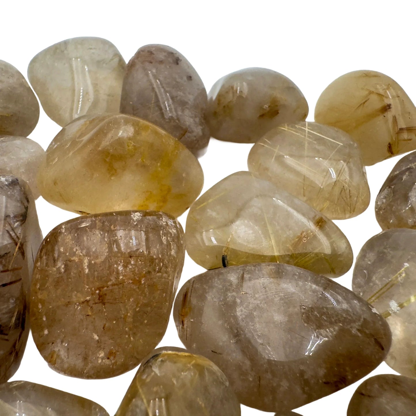 Plan view of Quartz tumbled stone, showing color depth, hand-selected from Minas Gerais, Brazil.