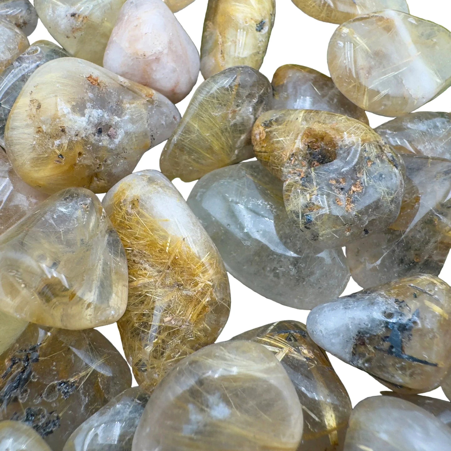 Underside detail of Quartz tumbled stone, showing matte finish, from Minas Gerais, Brazil.