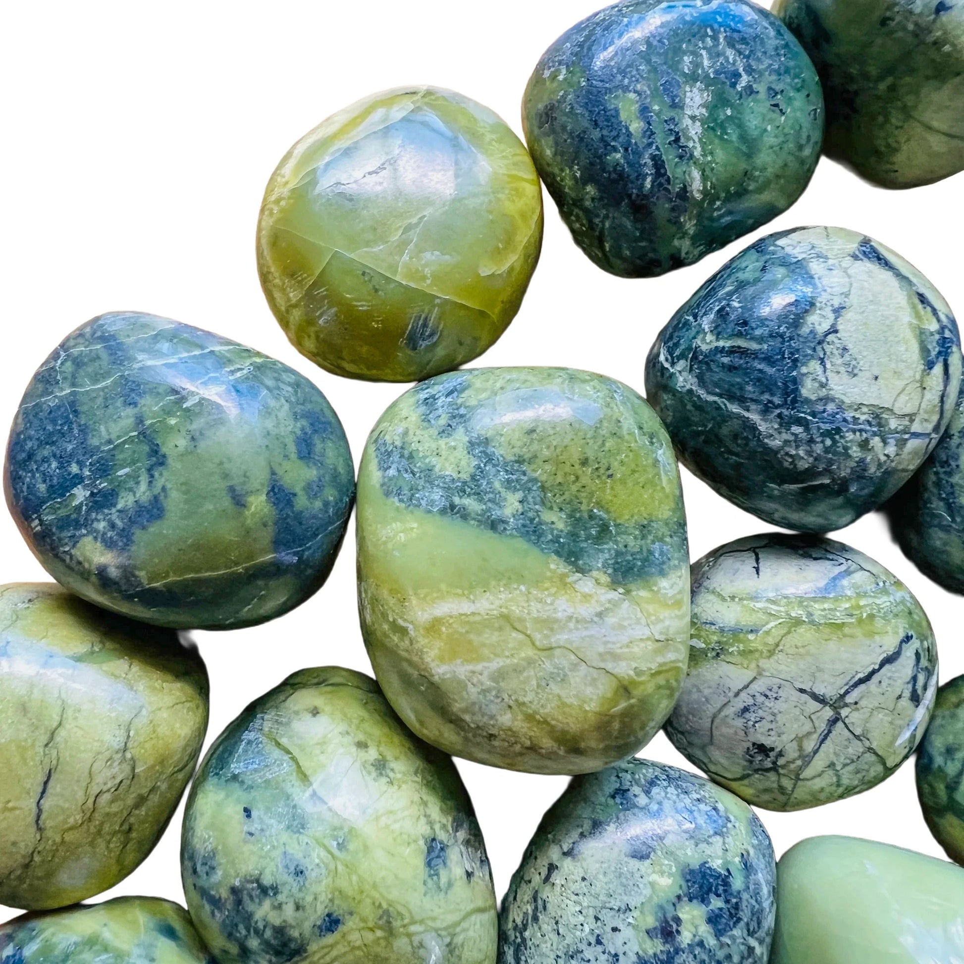 Top-side view of Serpentine tumbled stone, hand-selected from Junín, Peru.