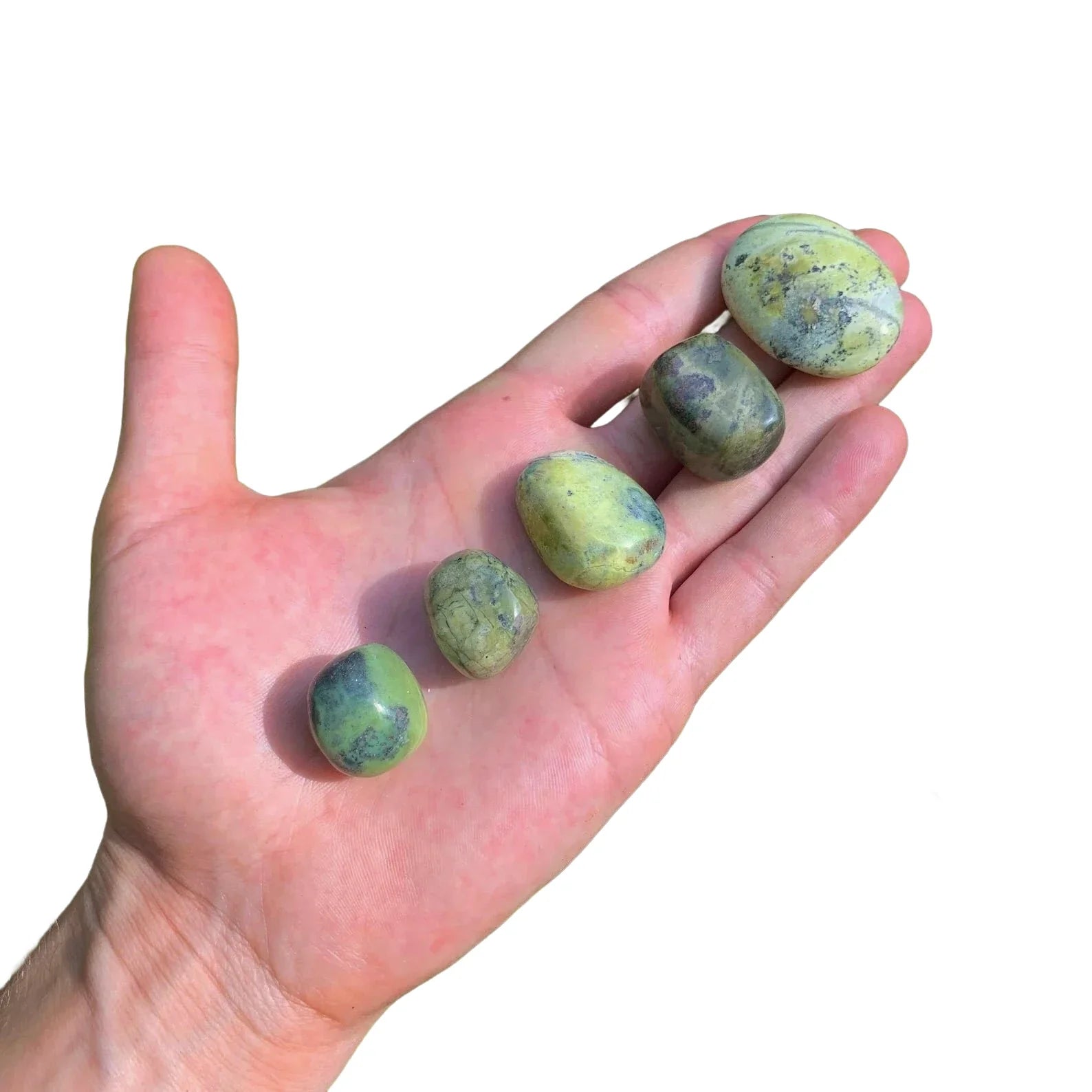 Full profile of Grade AA Serpentine tumbled stone ready to ship from Beyond Bohemian