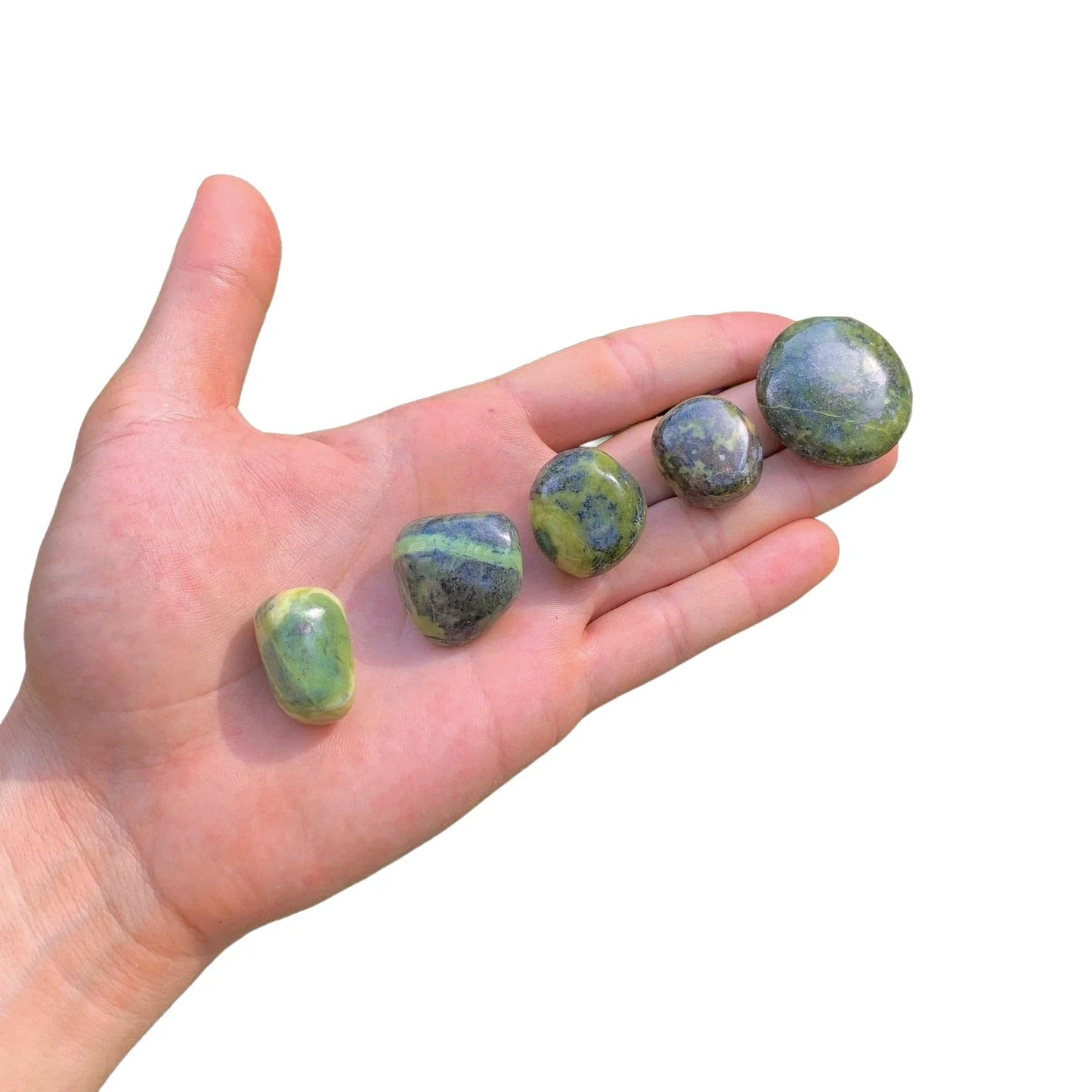 Full profile of Grade AA Serpentine tumbled stone ready to ship from Beyond Bohemian