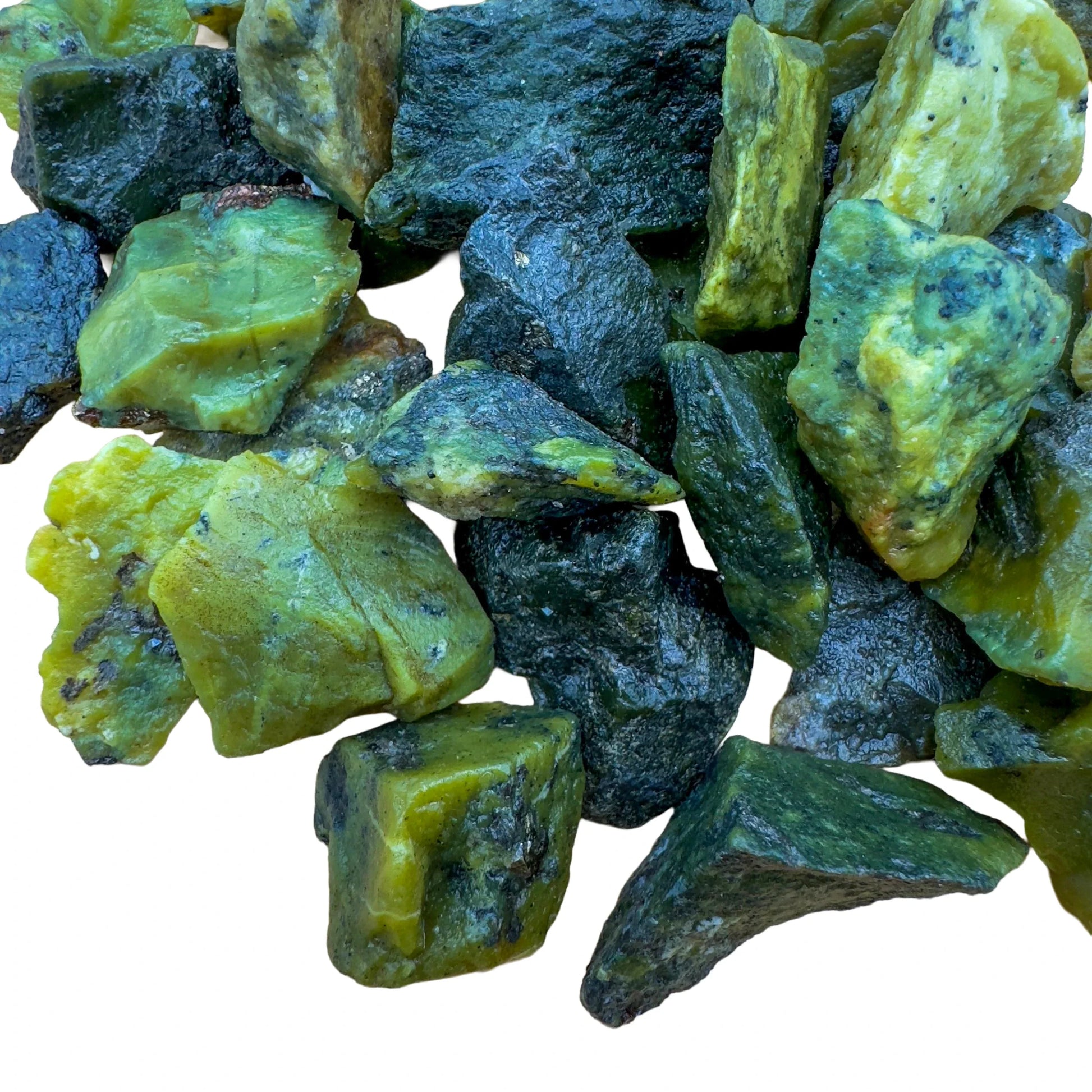 Magnified detail of Serpentine raw stone, showing characteristic patterning.