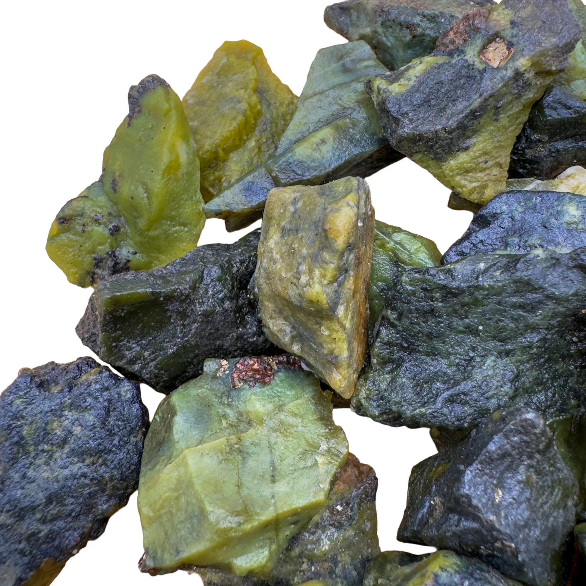 Side-on view of green Serpentine raw stone, showing raw matrix, sourced from Junín, Peru.