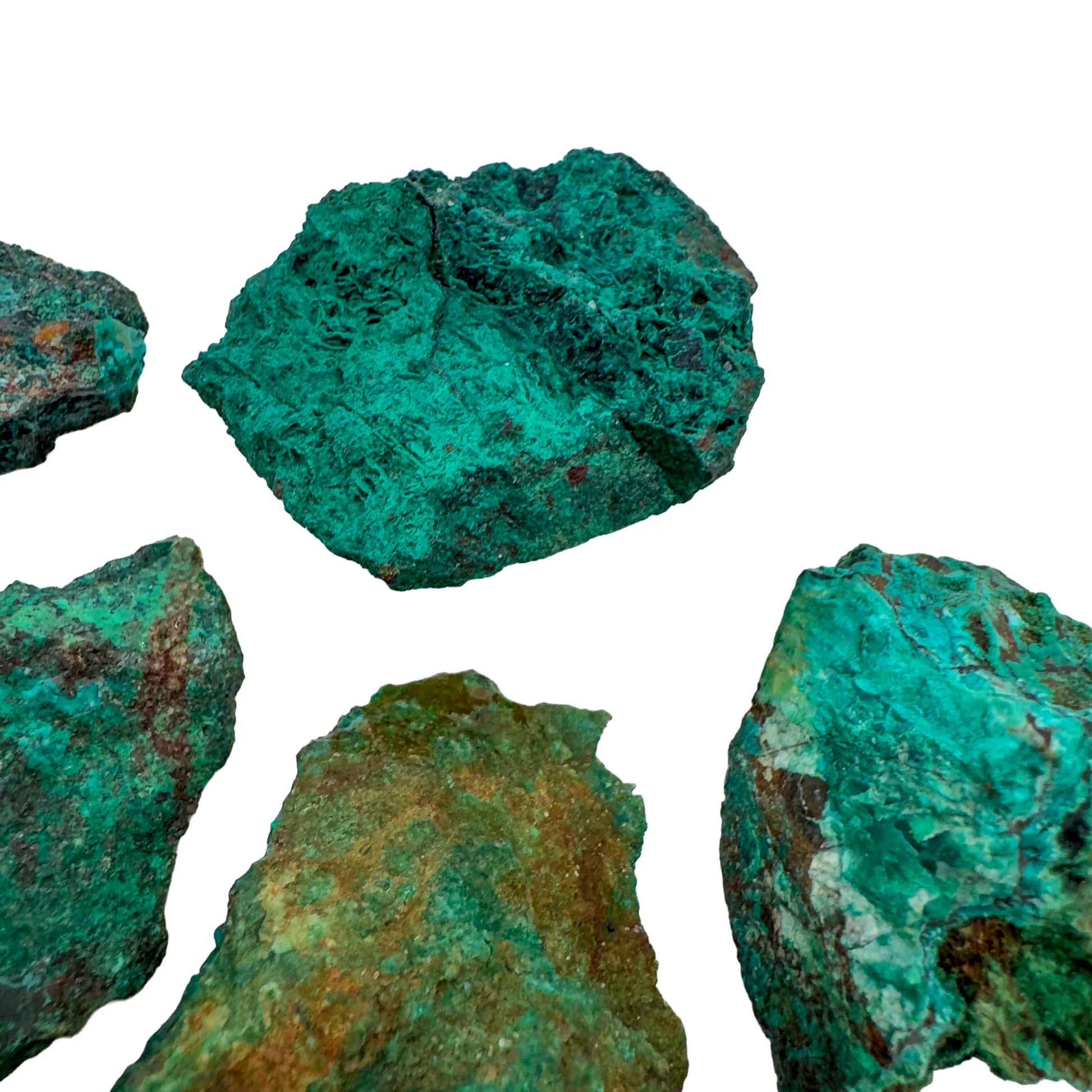 Rear view of Chrysocolla raw stone, Namibia-sourced, showing natural patina.
