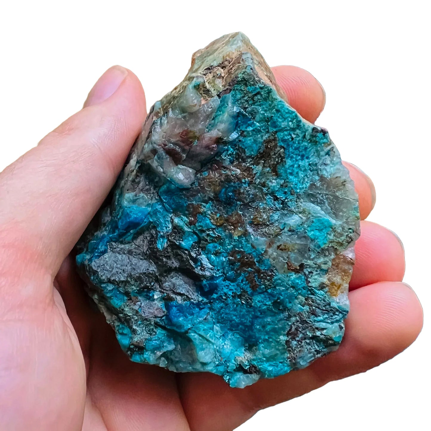 Detail capture of Chrysocolla raw stone, carried for Emotional Healing, showing characteristic color.