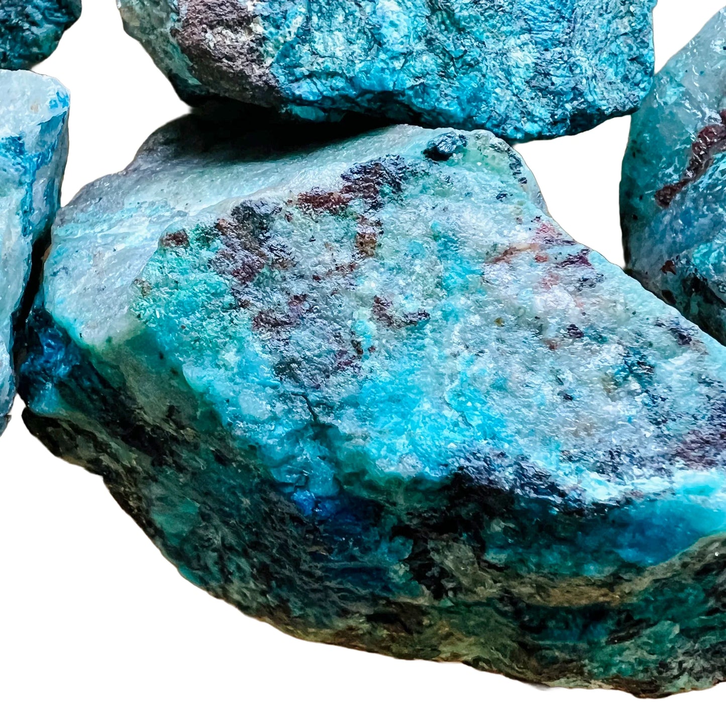 Full profile of Grade A Chrysocolla raw ready to ship from Beyond Bohemian