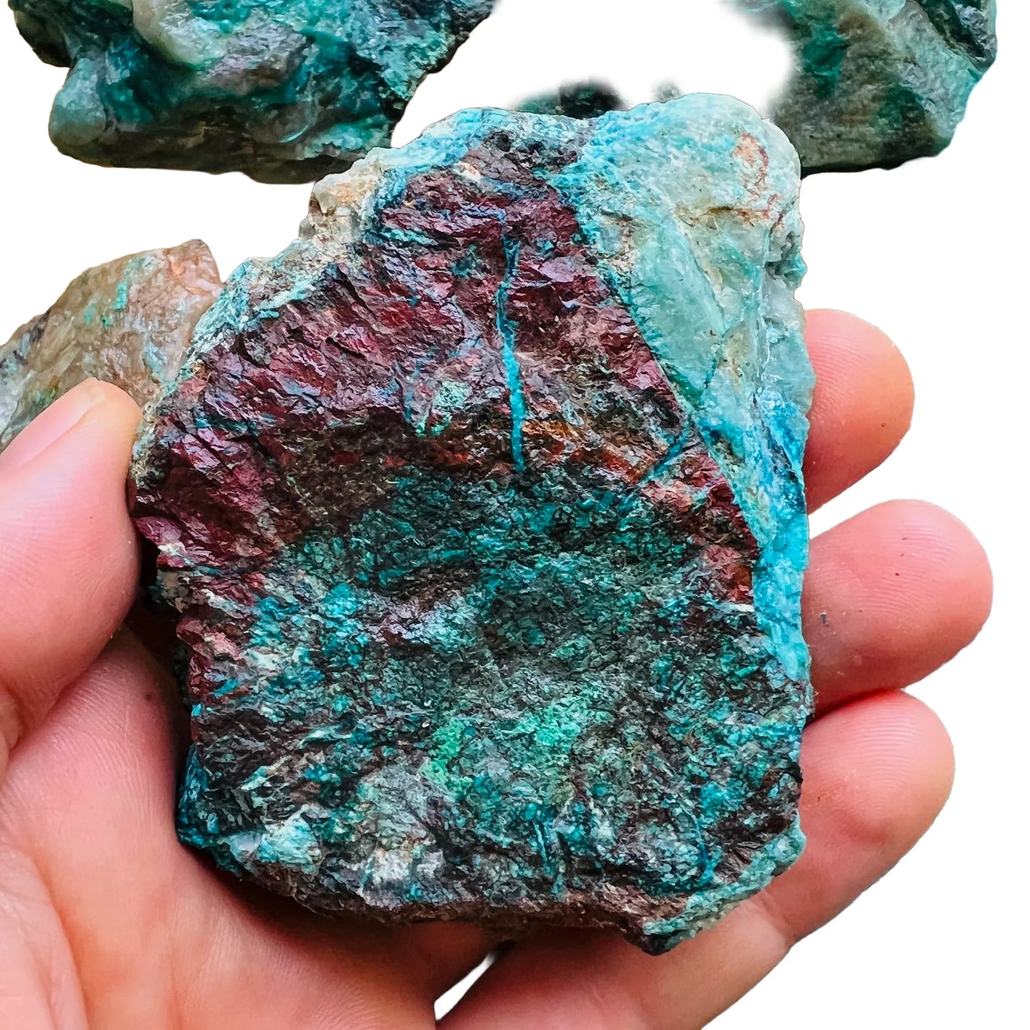 Full profile of Grade A Chrysocolla raw ready to ship from Beyond Bohemian