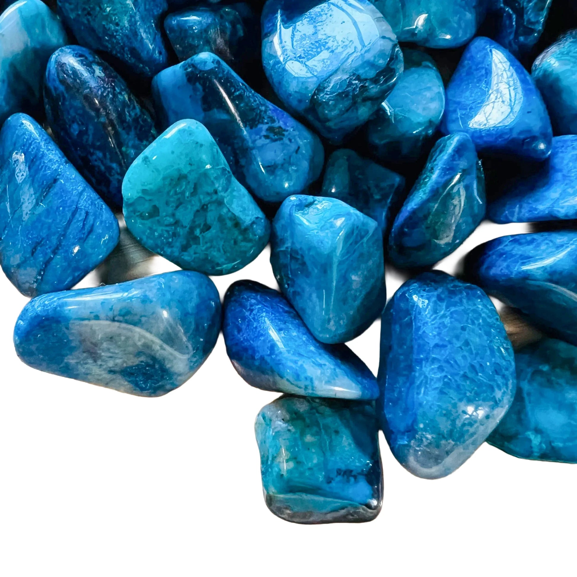 Detail shot showing Grade AA Chrysocolla tumbled stone, showing glassy finish.