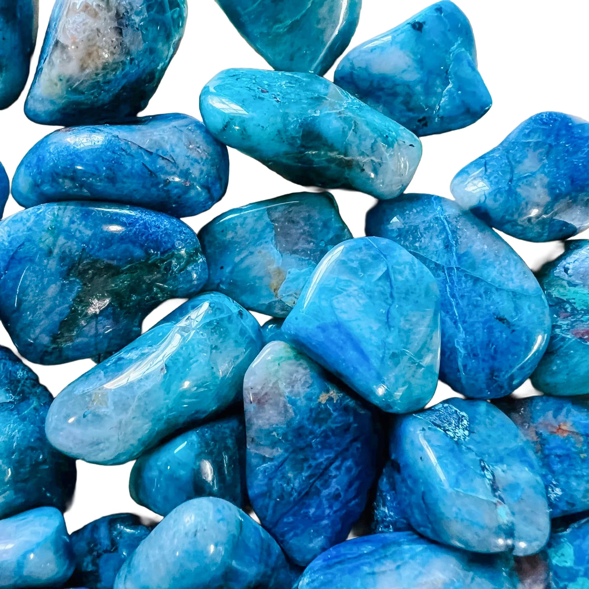Back view of Chrysocolla tumbled stone, showing characteristic color.