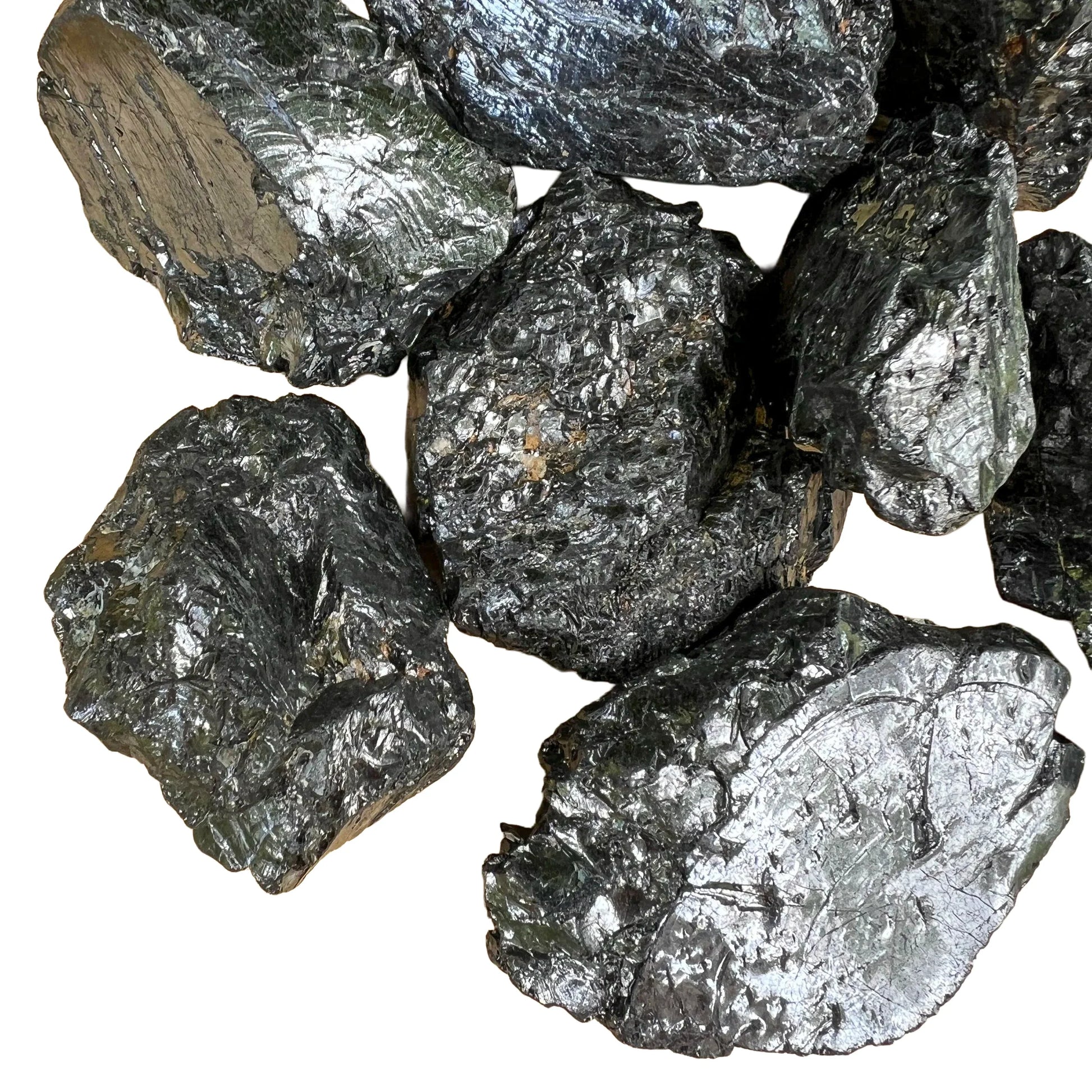 Surface detail of Shungite raw stone, showing characteristic patterning, Russia-sourced.