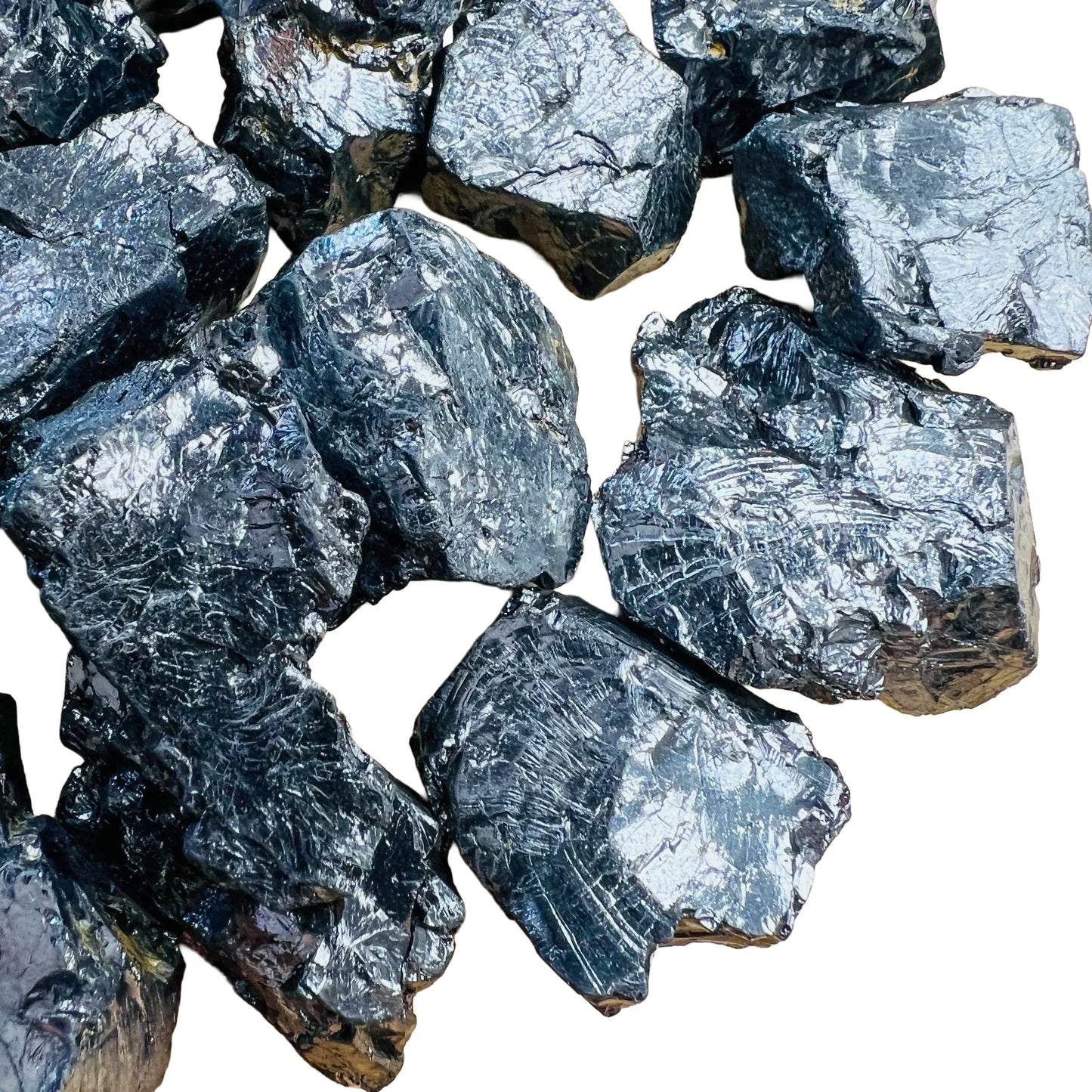 Aerial view of Shungite raw stone, hand-selected from Republic of Karélia, Russia, showing honest grain.