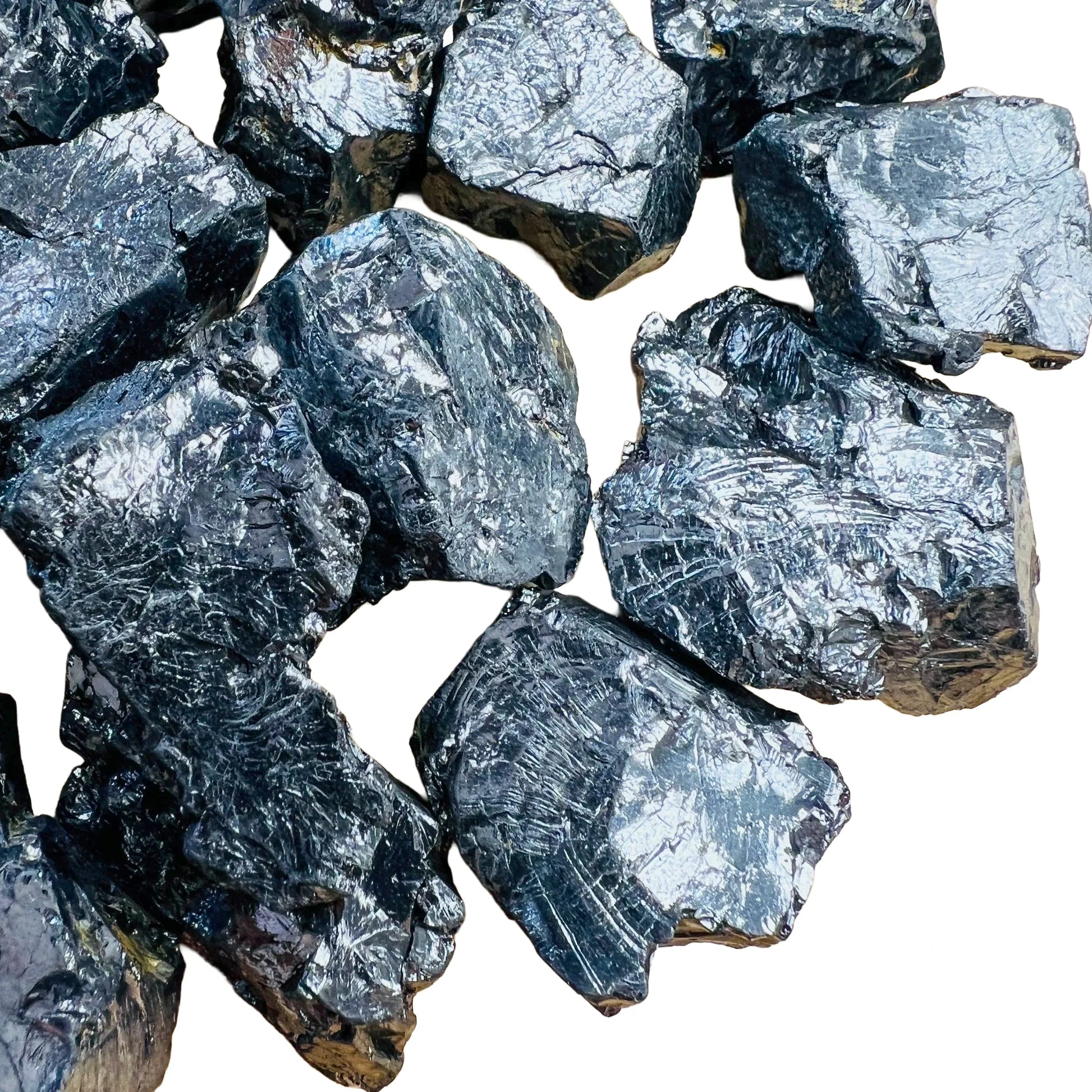 Aerial view of Shungite raw stone, hand-selected from Republic of Karélia, Russia, showing honest grain.
