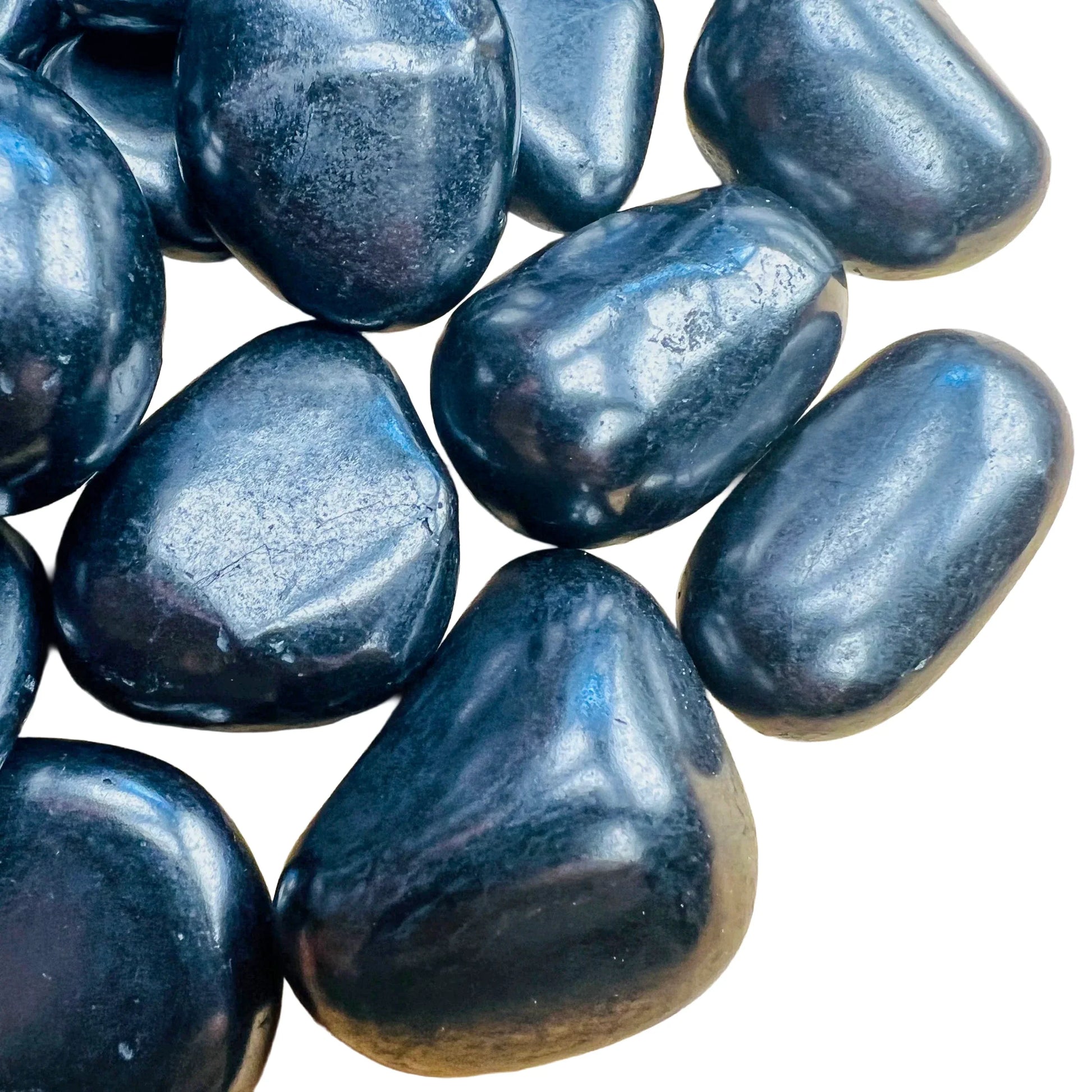 Plan view of Shungite tumbled stone, showing color depth, to support Protection.