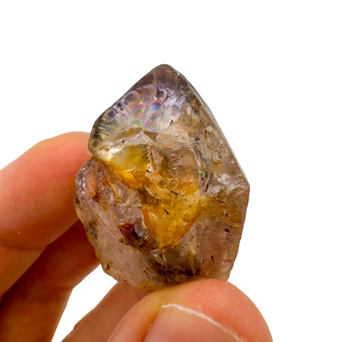 Back view of Grade A Smoky Amethyst point showing natural surface