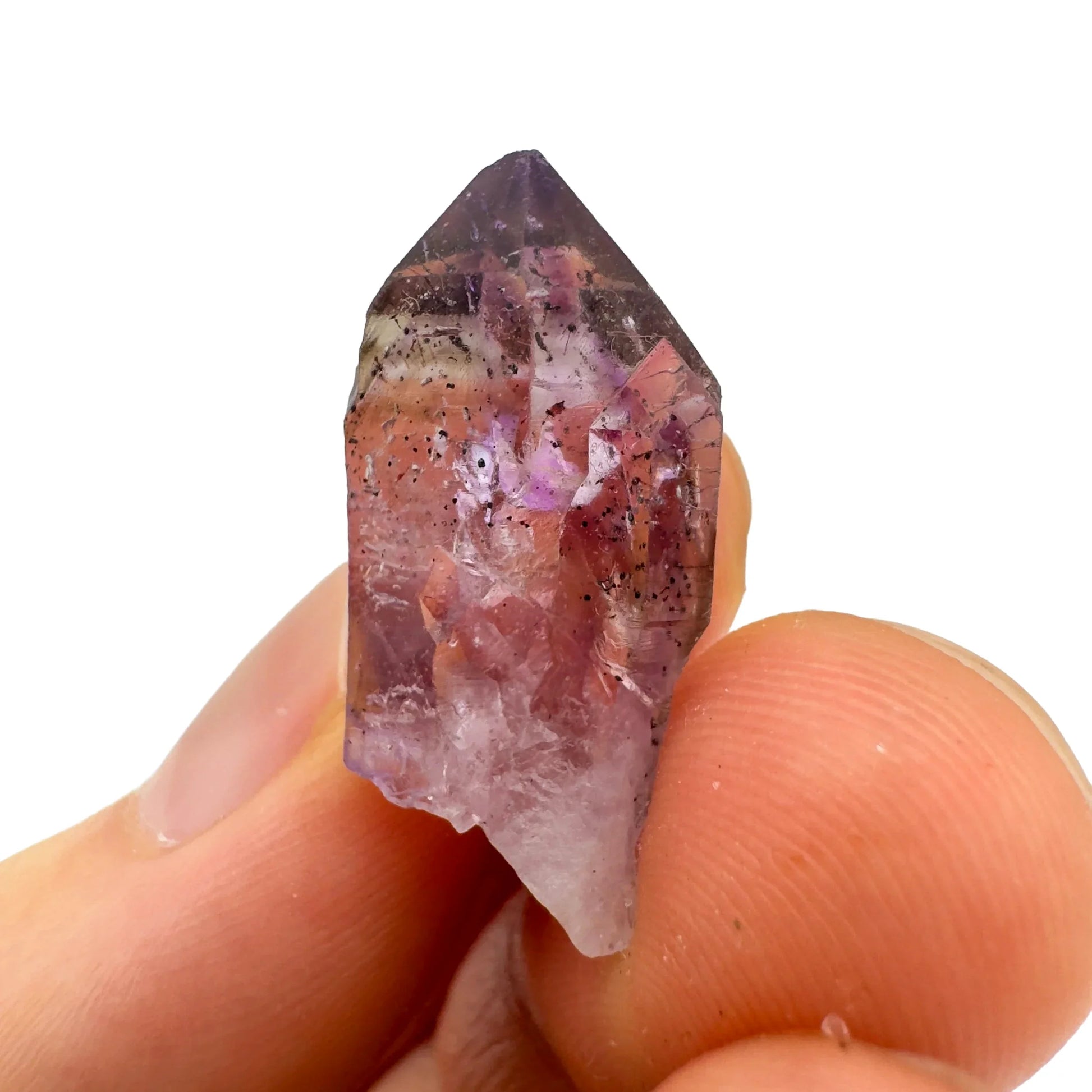 Detail shot of Grade A Smoky Amethyst point under natural light