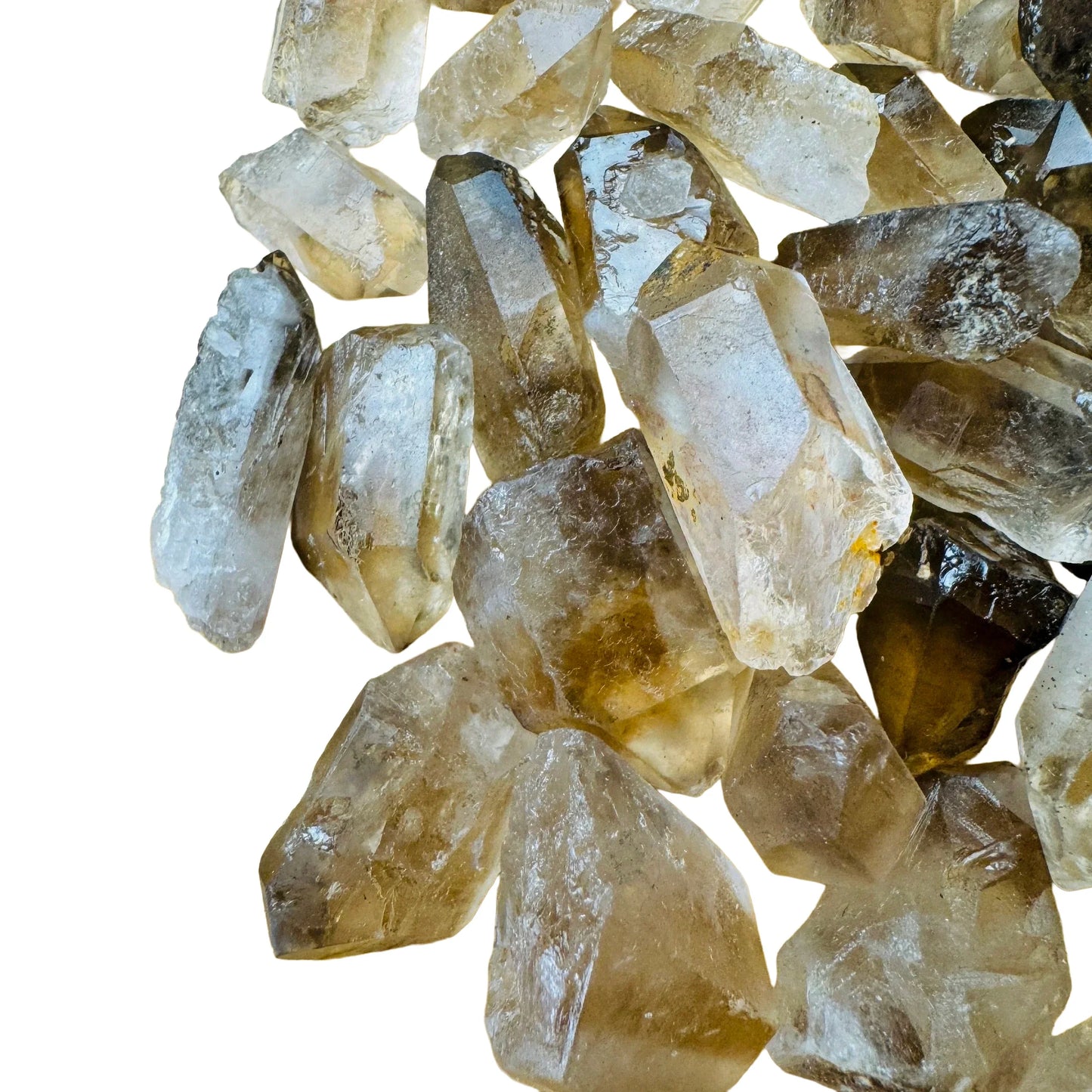 Profile view of Smoky Quartz raw point, showing natural sheen.